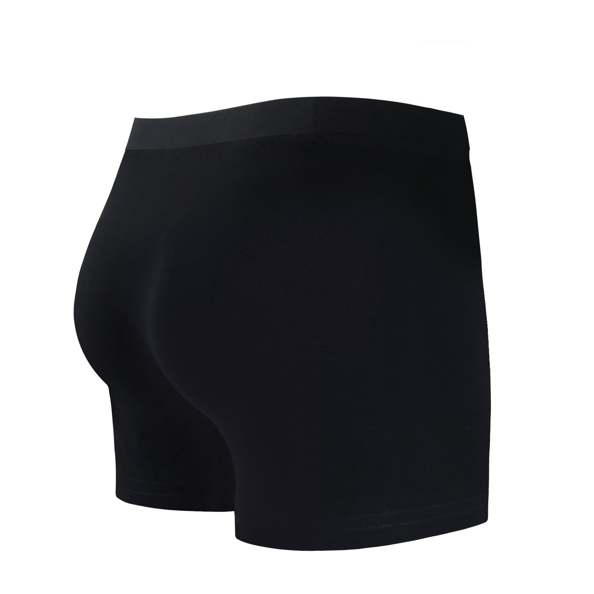 Back view of men’s 95% cotton boxer brief in pitch black with fabric-covered waistband and rear detail