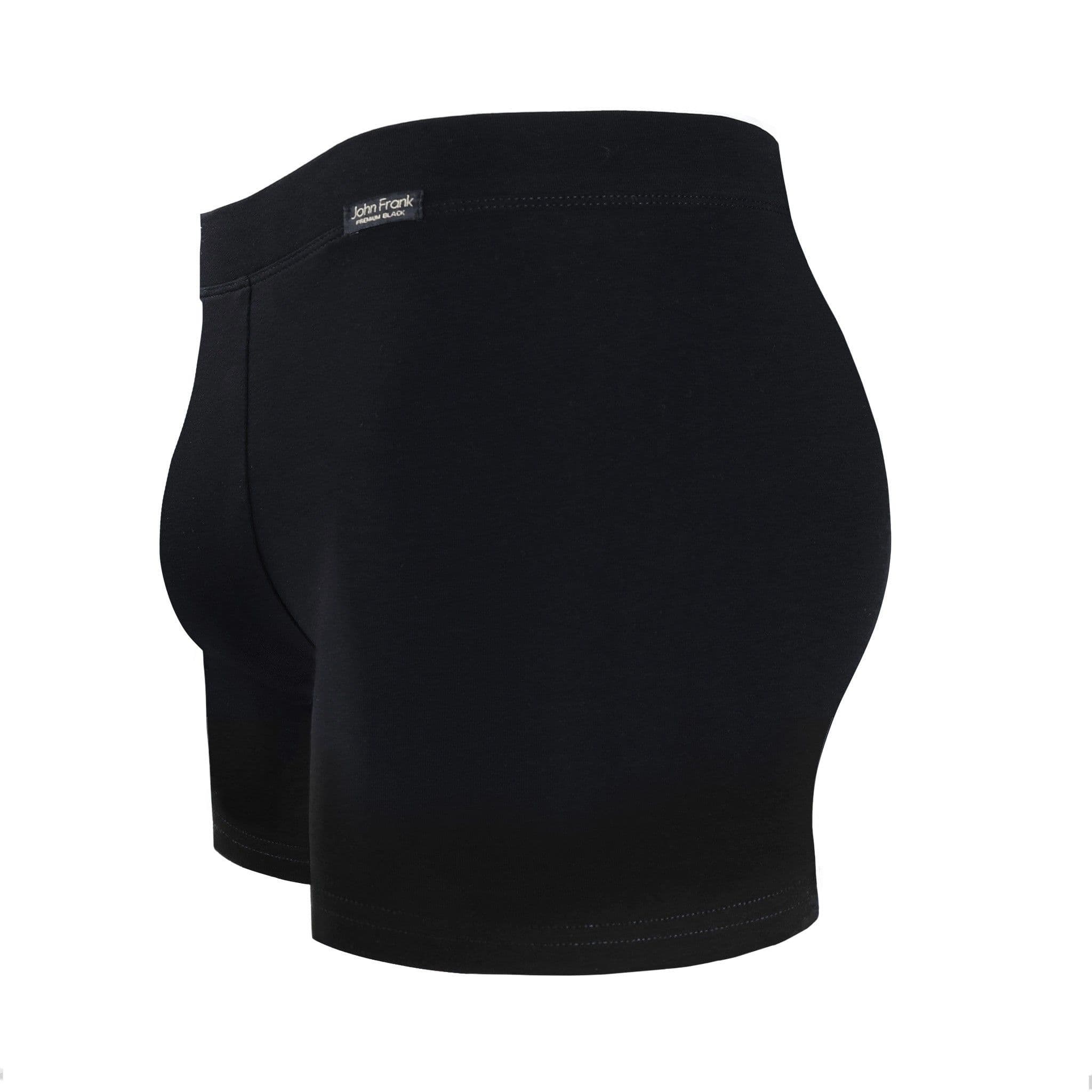 Side view of men’s 95% cotton boxer brief in pitch black with fabric-covered waistband, contoured pouch, and tailored leg cut