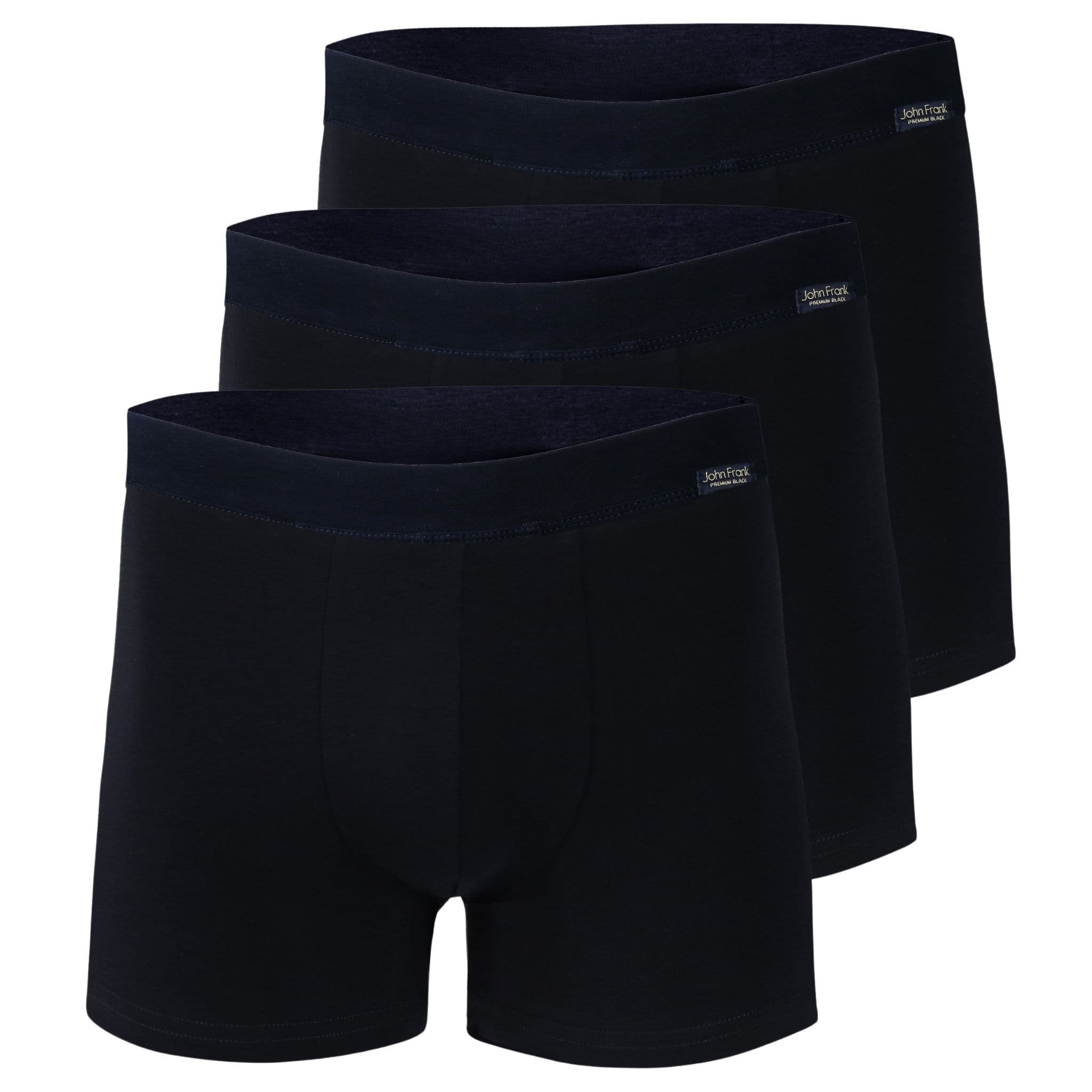 Full pack view of men’s 95% cotton boxer brief 3-pack — all pitch black with fabric-covered waistbands