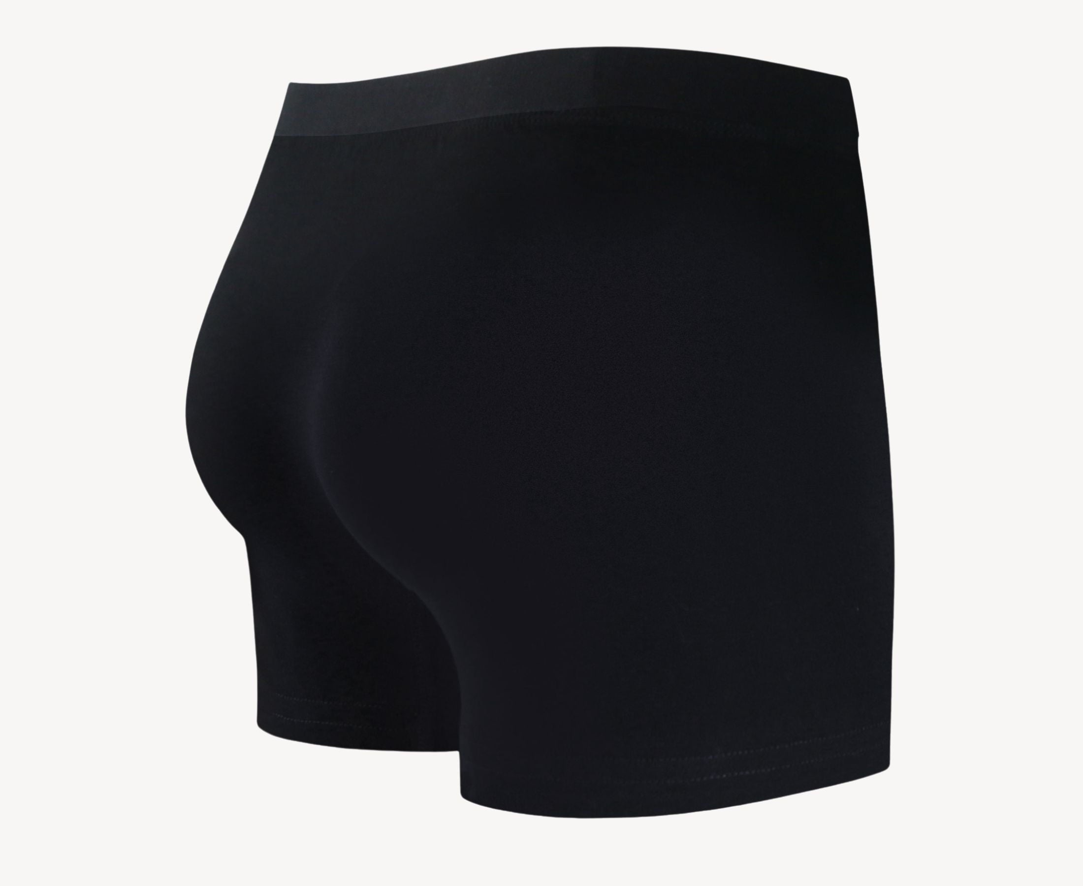 Back view of men’s 95% cotton boxer brief in pitch black with fabric-covered waistband and rear detail