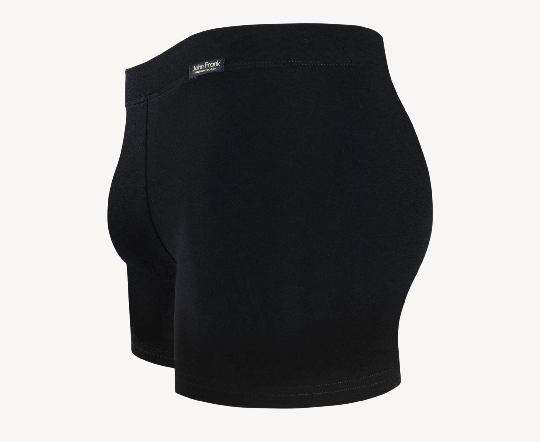 Side view of men’s 95% cotton boxer brief in pitch black with fabric-covered waistband, contoured pouch, and tailored leg cut
