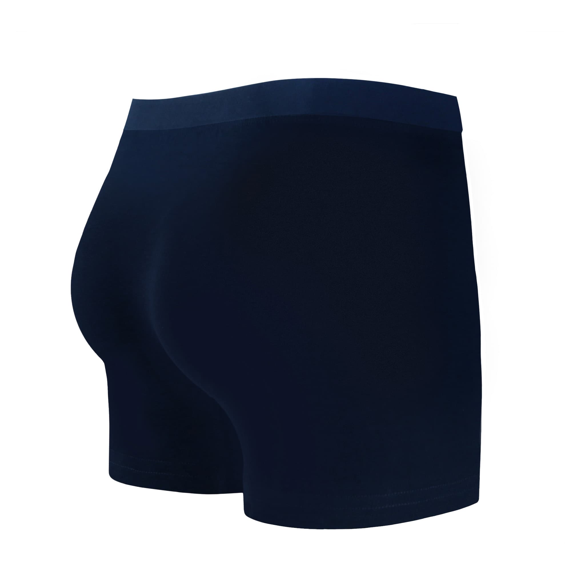 Back view of men’s 95% cotton boxer brief in navy with fabric-covered waistband and rear detail