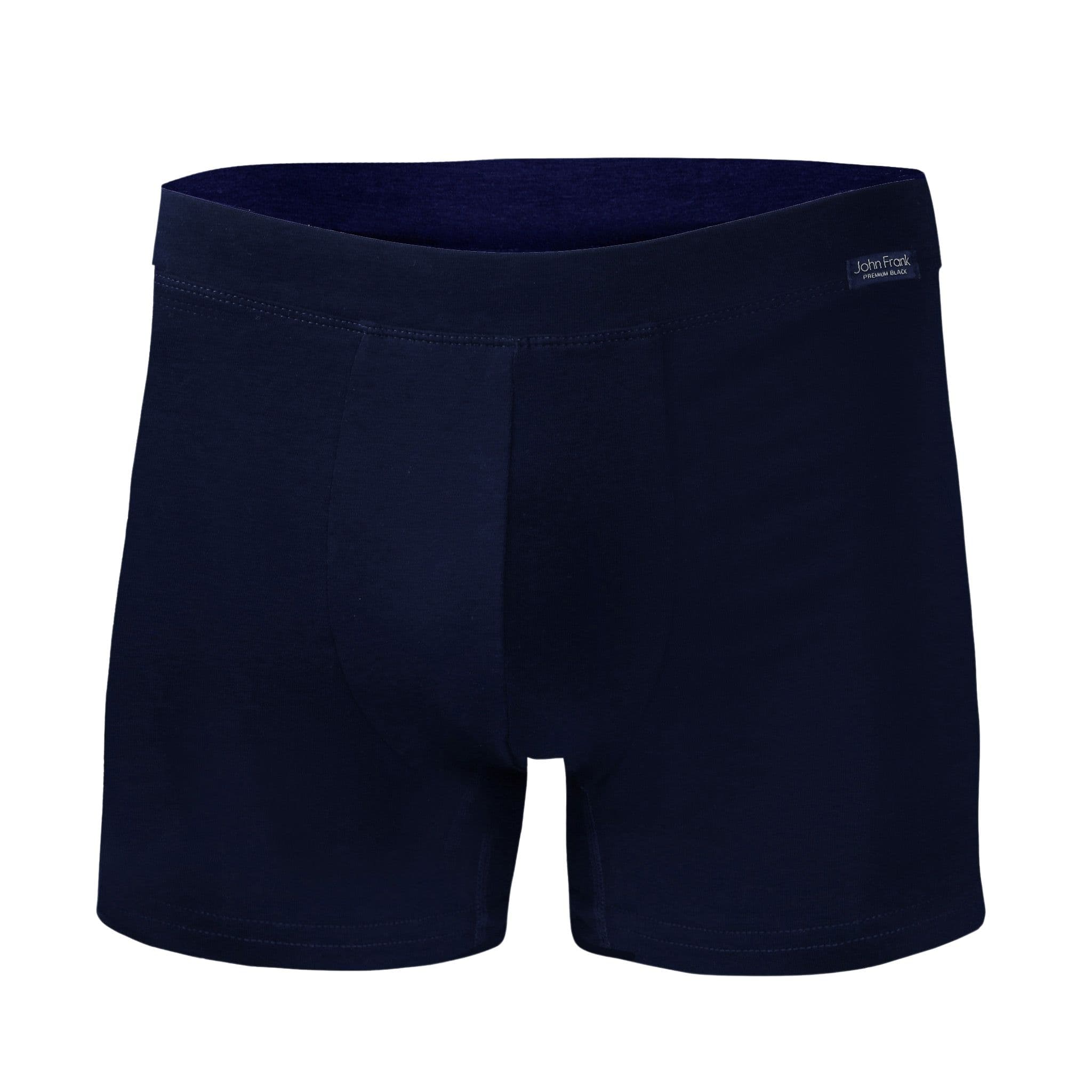 Front view of men’s 95% cotton boxer brief in navy with fabric-covered waistband, invisible seams and soft stretch