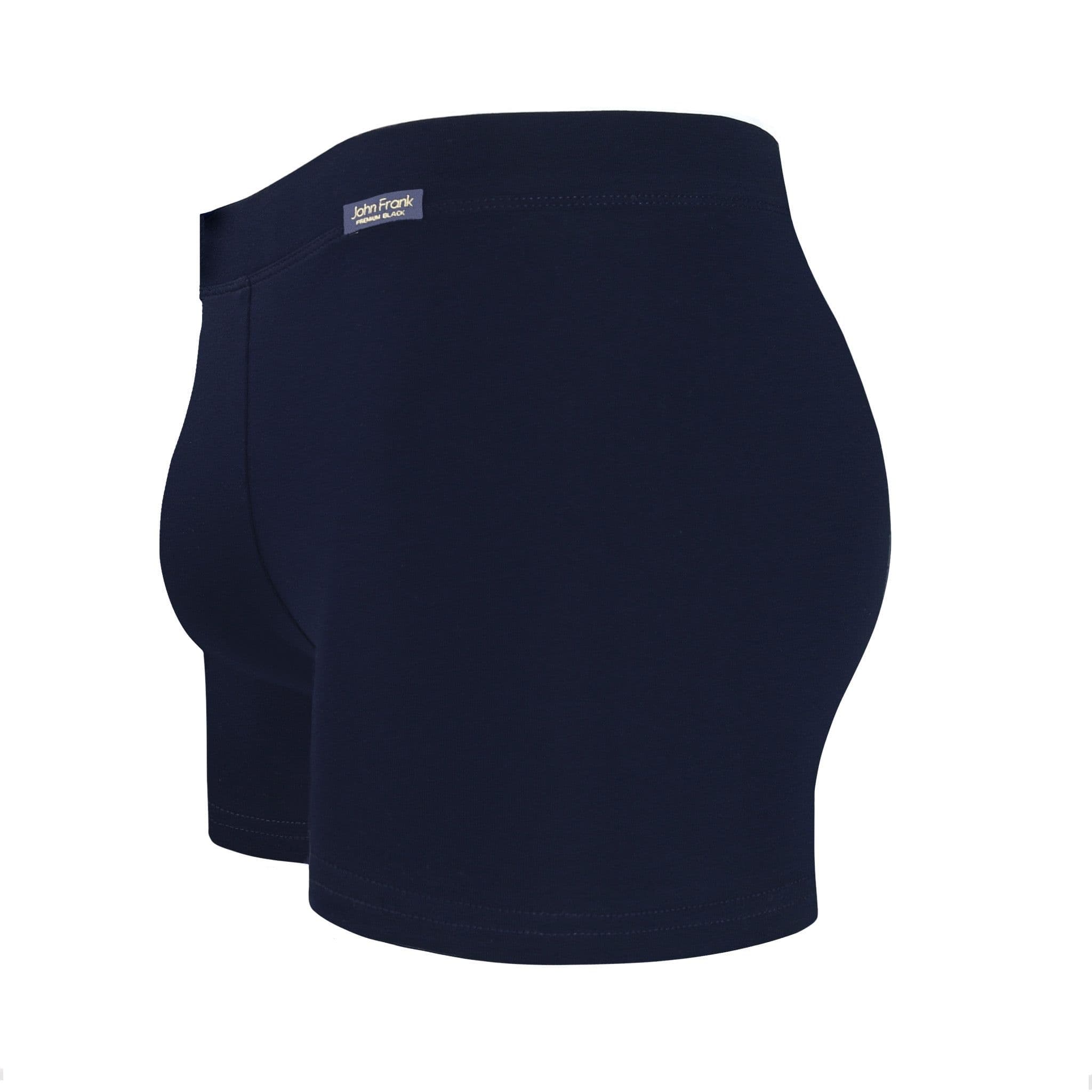 Side view of men’s 95% cotton boxer brief in navy with fabric-covered waistband, contoured pouch, and tailored leg cut