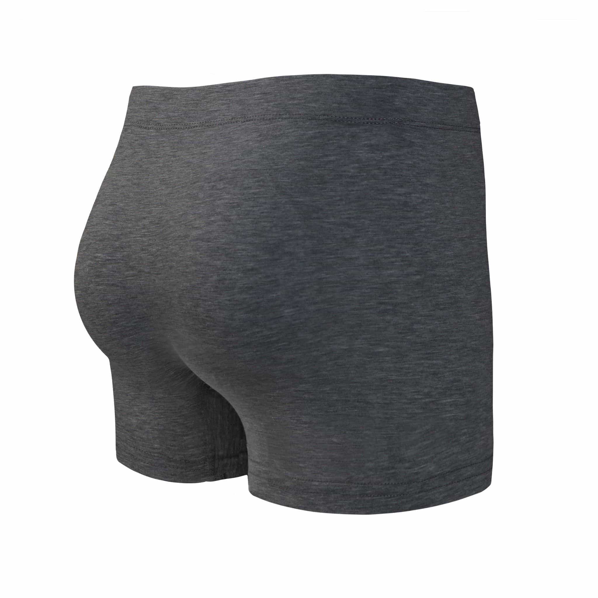 Back view of men’s 95% cotton boxer brief in slate gray with fabric-covered waistband and rear detail