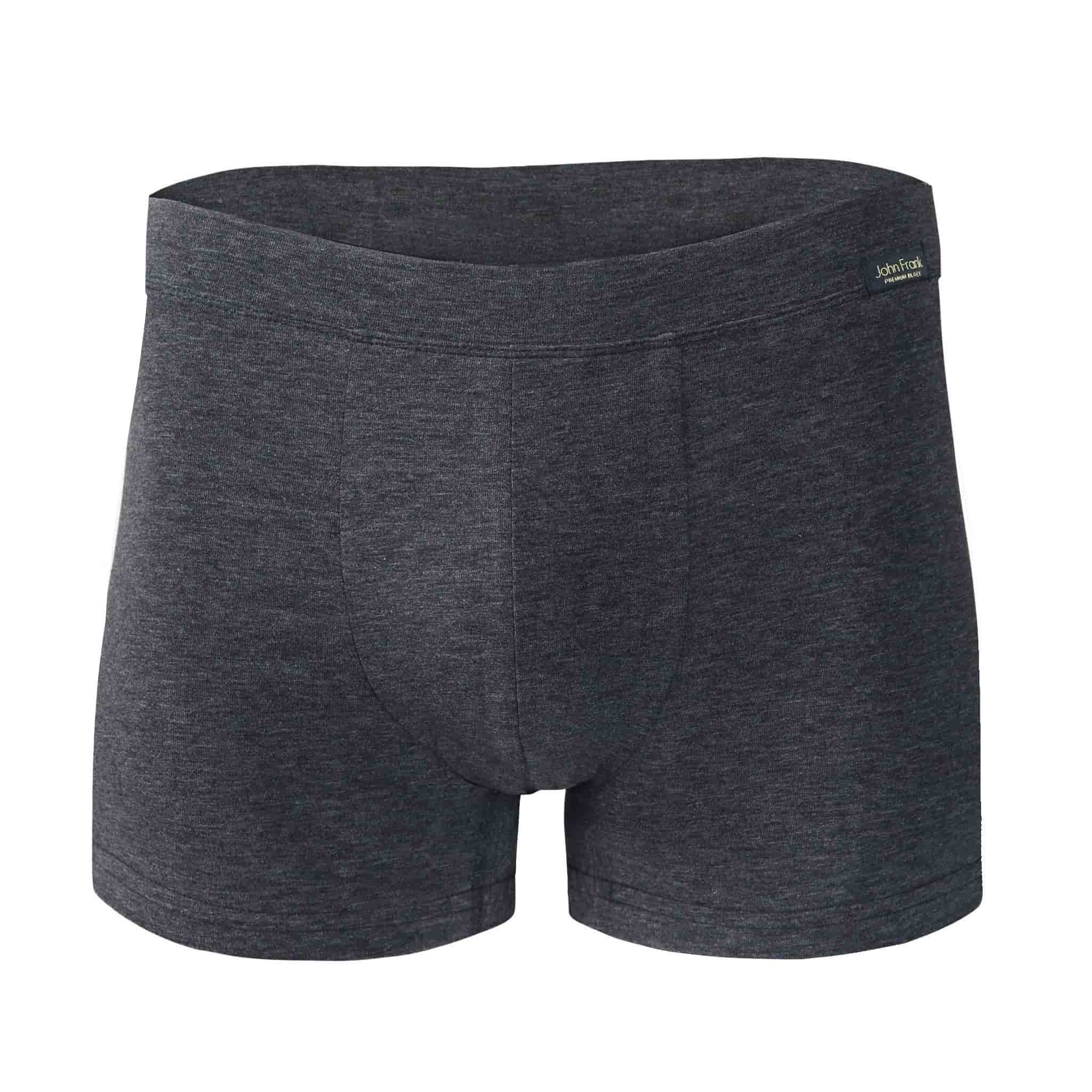 Front view of men’s 95% cotton boxer brief in slate gray with fabric-covered waistband, invisible seams and soft stretch