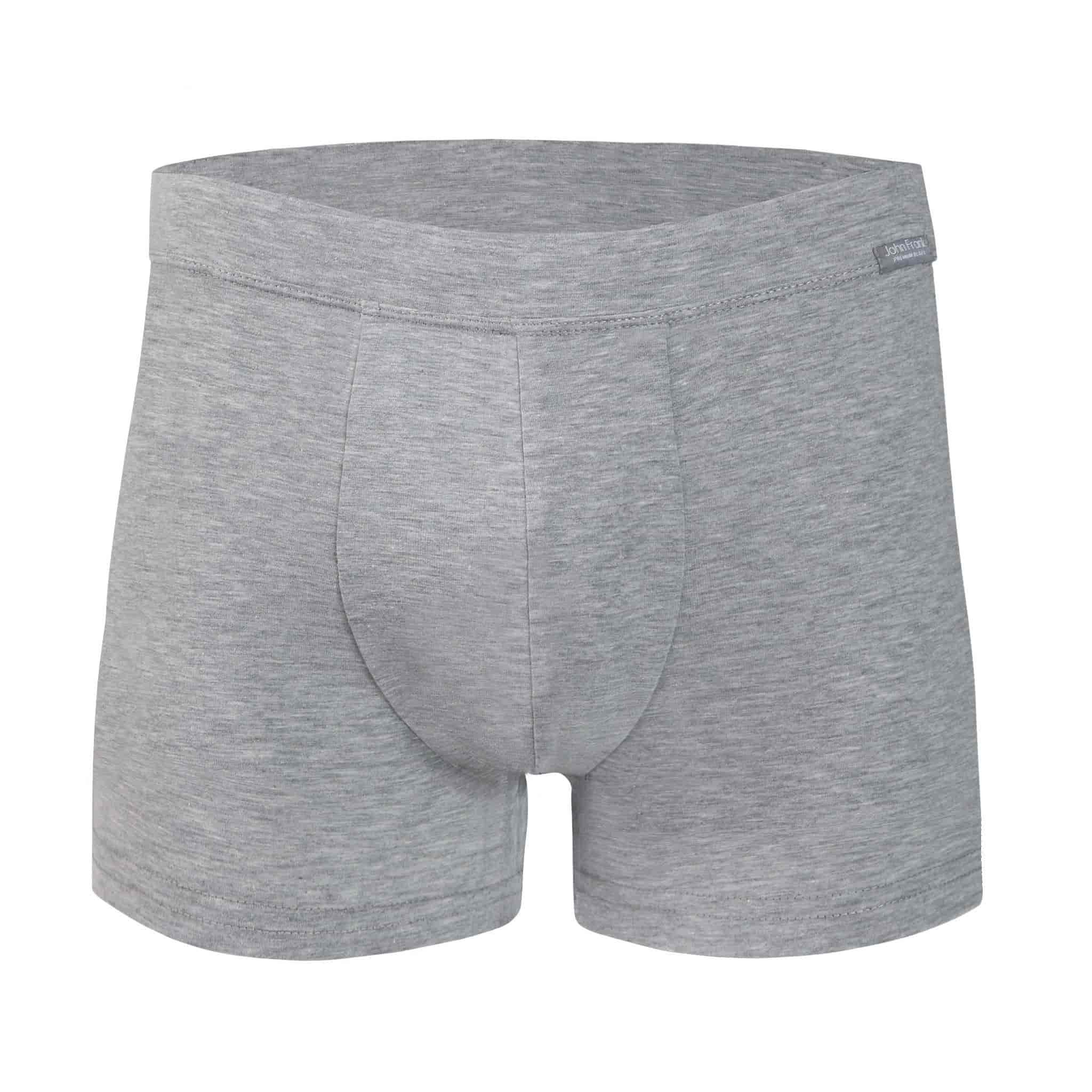 Front view of men’s 95% cotton boxer brief in stone gray with fabric-covered waistband, invisible seams and soft stretch