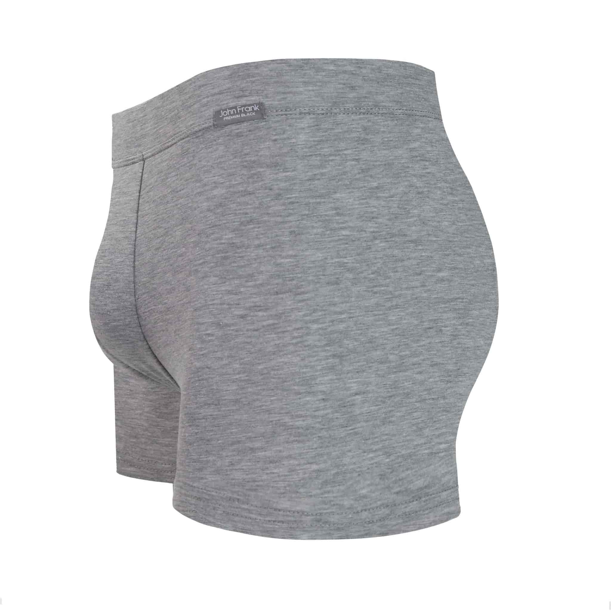 Side view of men’s 95% cotton boxer brief in stone gray with fabric-covered waistband, contoured pouch, and tailored leg cut