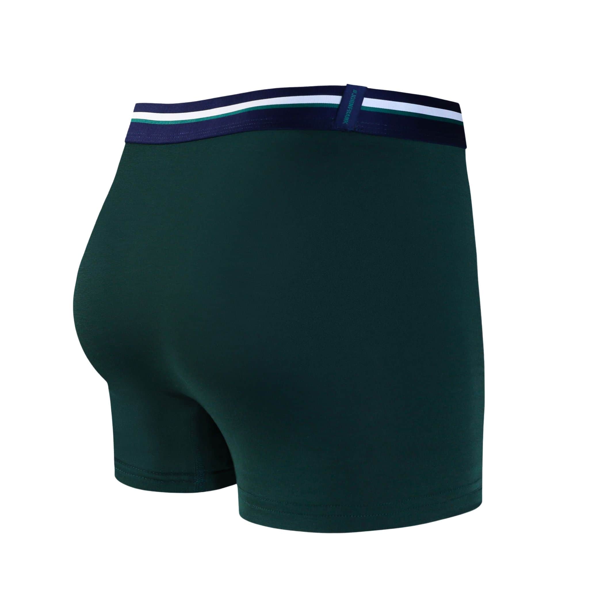 Back view of men’s 95% micromodal boxer brief in emerald green with striped navy waistband and rear detail