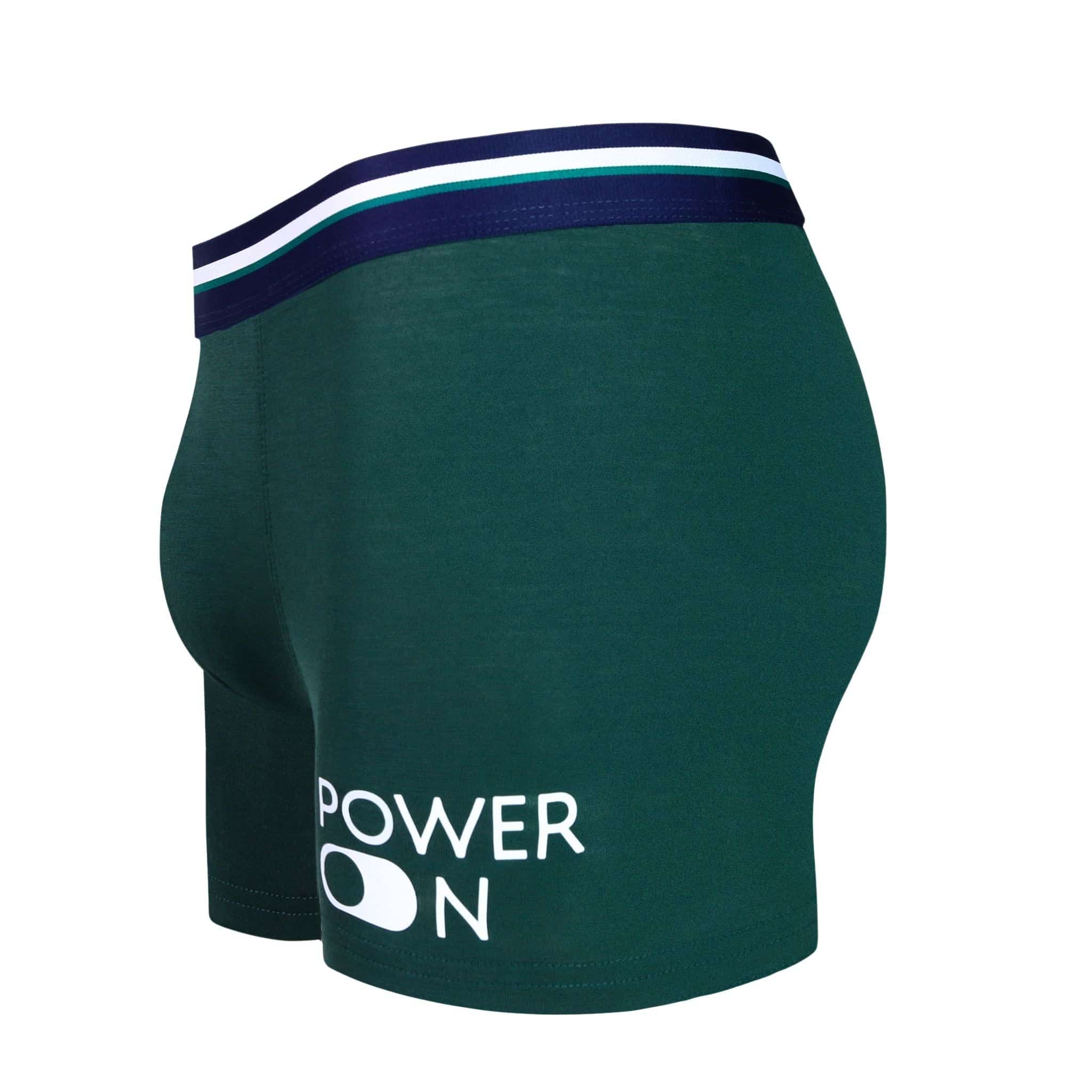 Side view of men’s 95% micromodal boxer brief in emerald green with power-on print, contoured pouch, and tailored leg cut