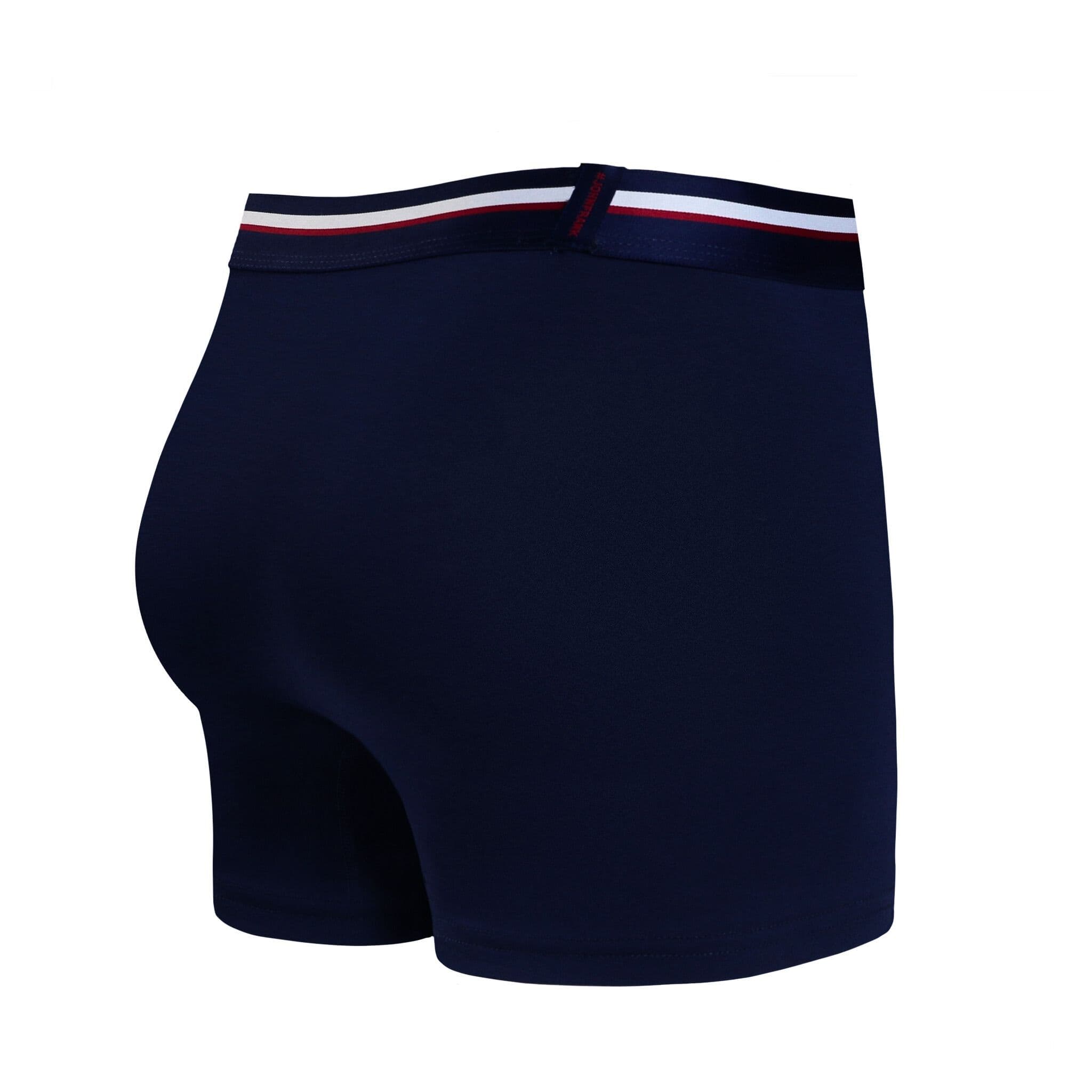 Back view of men’s 95% micromodal boxer brief in navy with striped navy waistband and rear detail