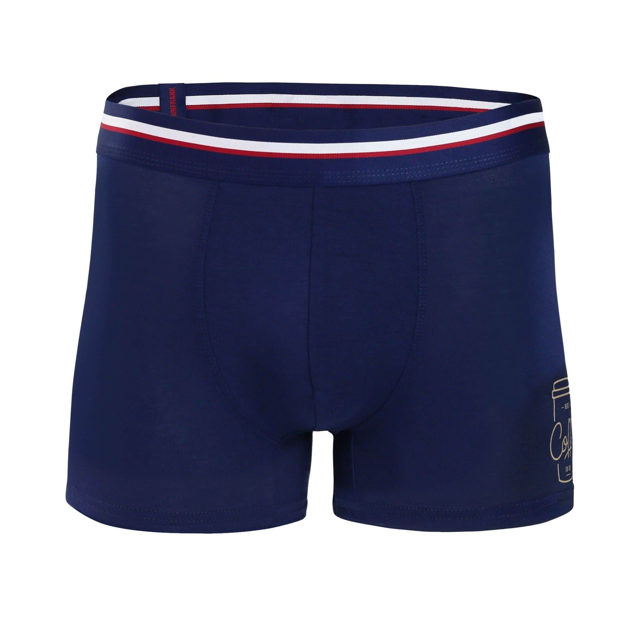 Front view of men’s 95% micromodal boxer brief in navy with coffee cup print and striped navy waistband, soft stretch and smooth finish