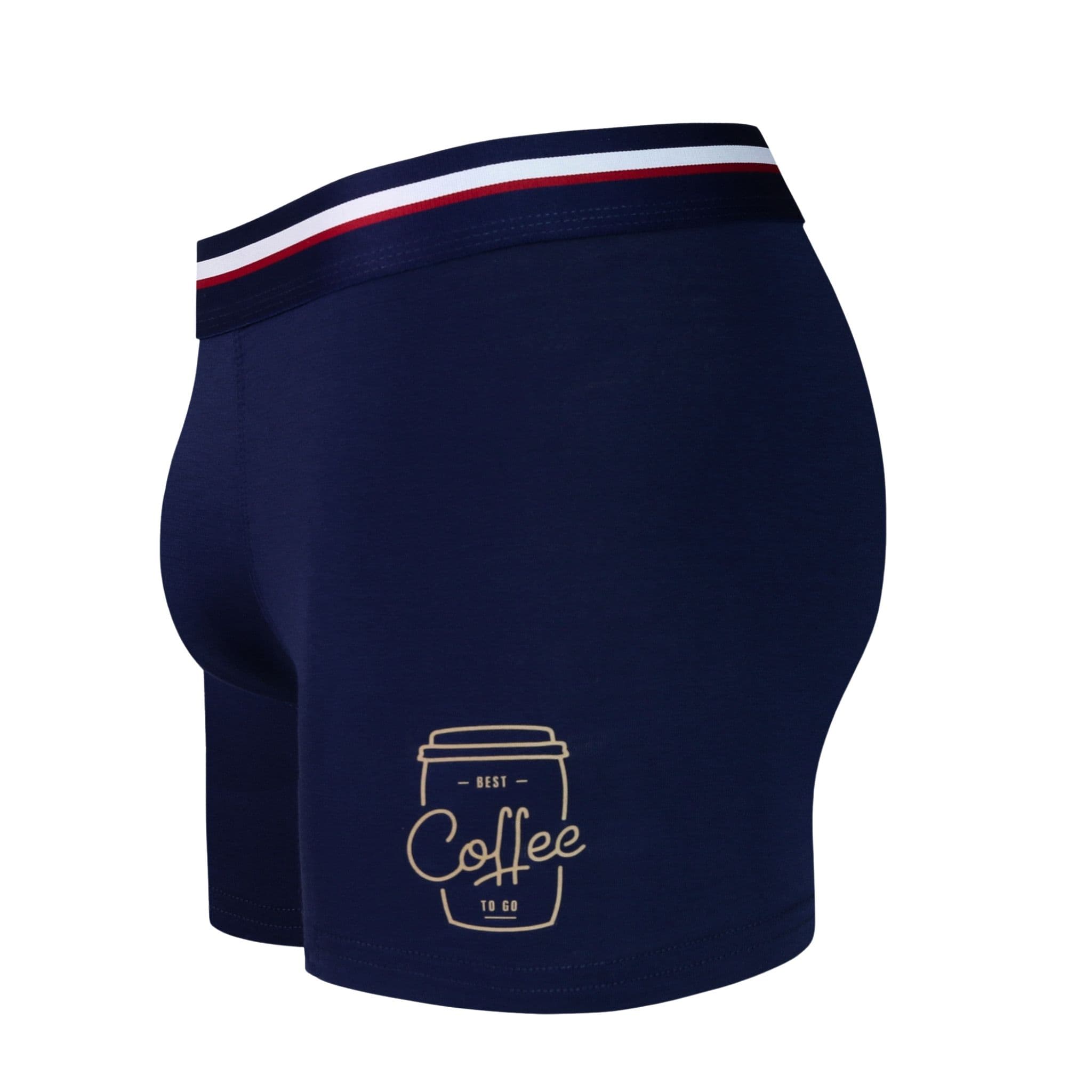 Side view of men’s 95% micromodal boxer brief in navy with coffee cup print, contoured pouch, and tailored leg cut