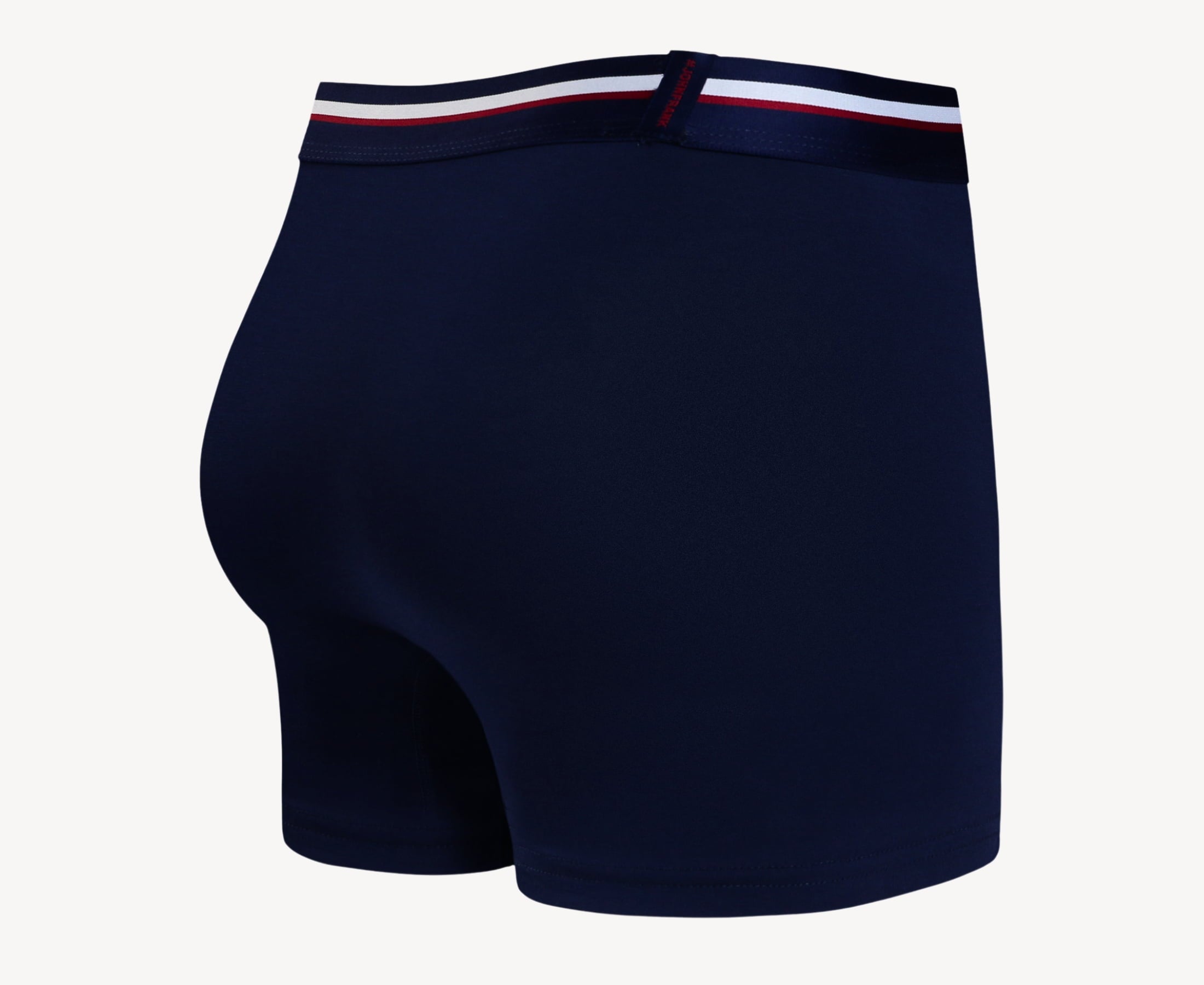 Back view of men’s 95% micromodal boxer brief in navy with striped navy waistband and rear detail