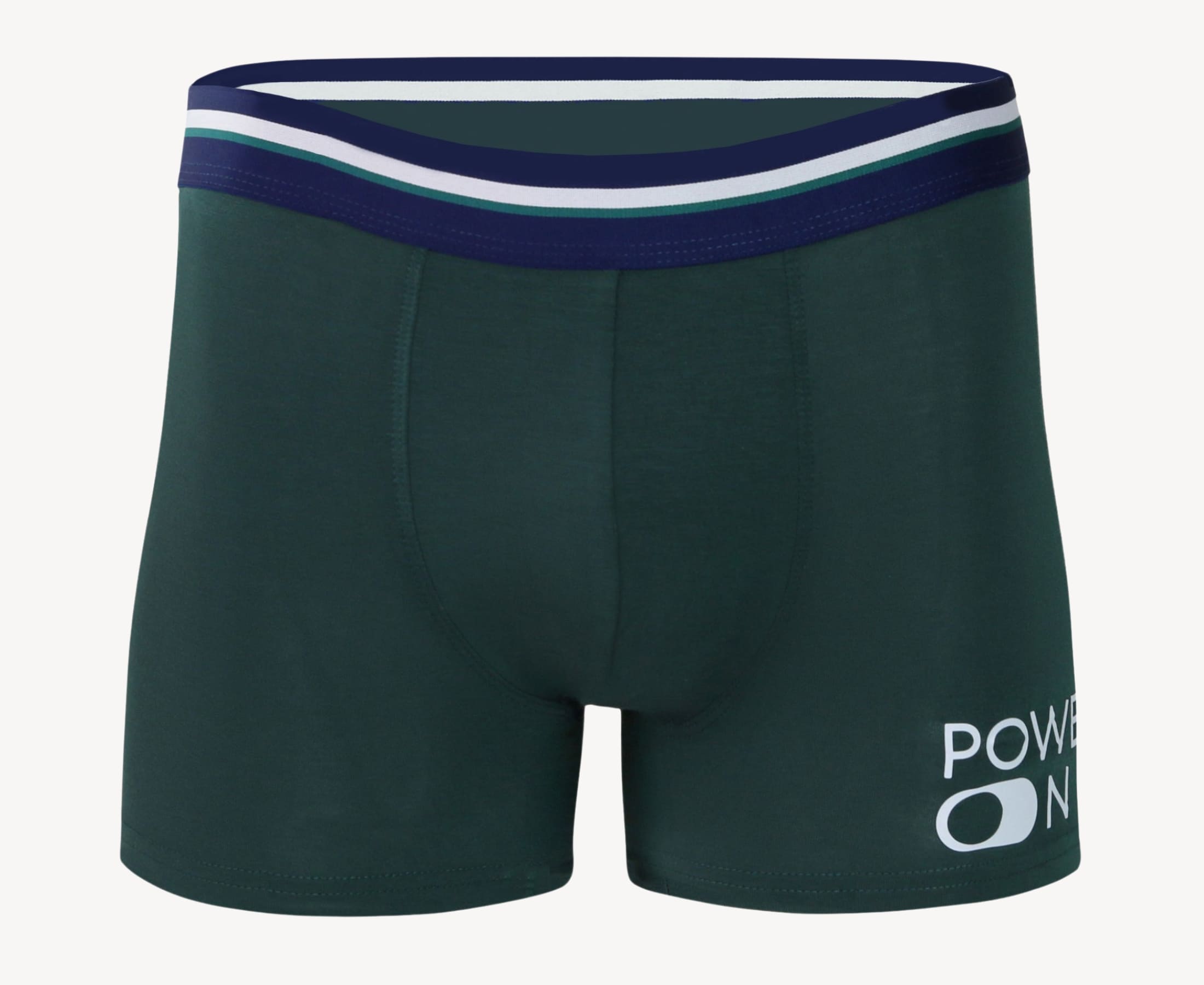 Front view of men’s 95% micromodal boxer brief in emerald green with power-on print and striped navy waistband, soft stretch and smooth finish

