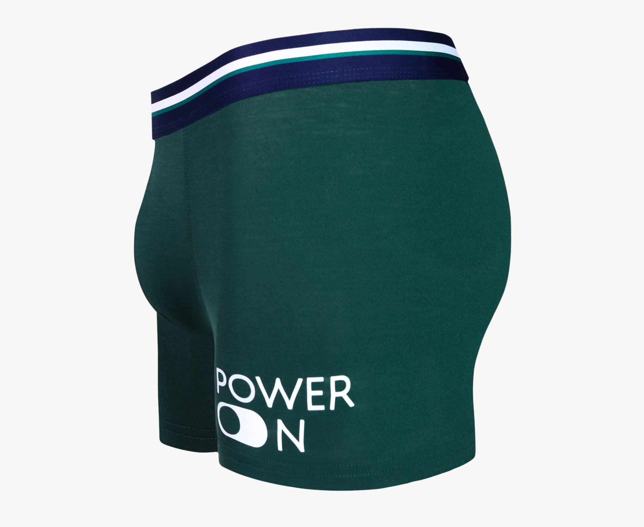 Side view of men’s 95% micromodal boxer brief in emerald green with power-on print, contoured pouch, and tailored leg cut