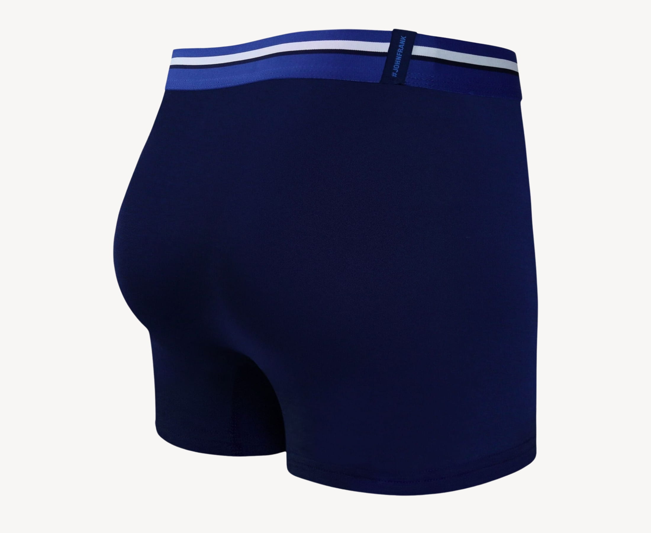 Back view of men’s 95% micromodal boxer brief in indigo blue with striped waistband and rear detail
