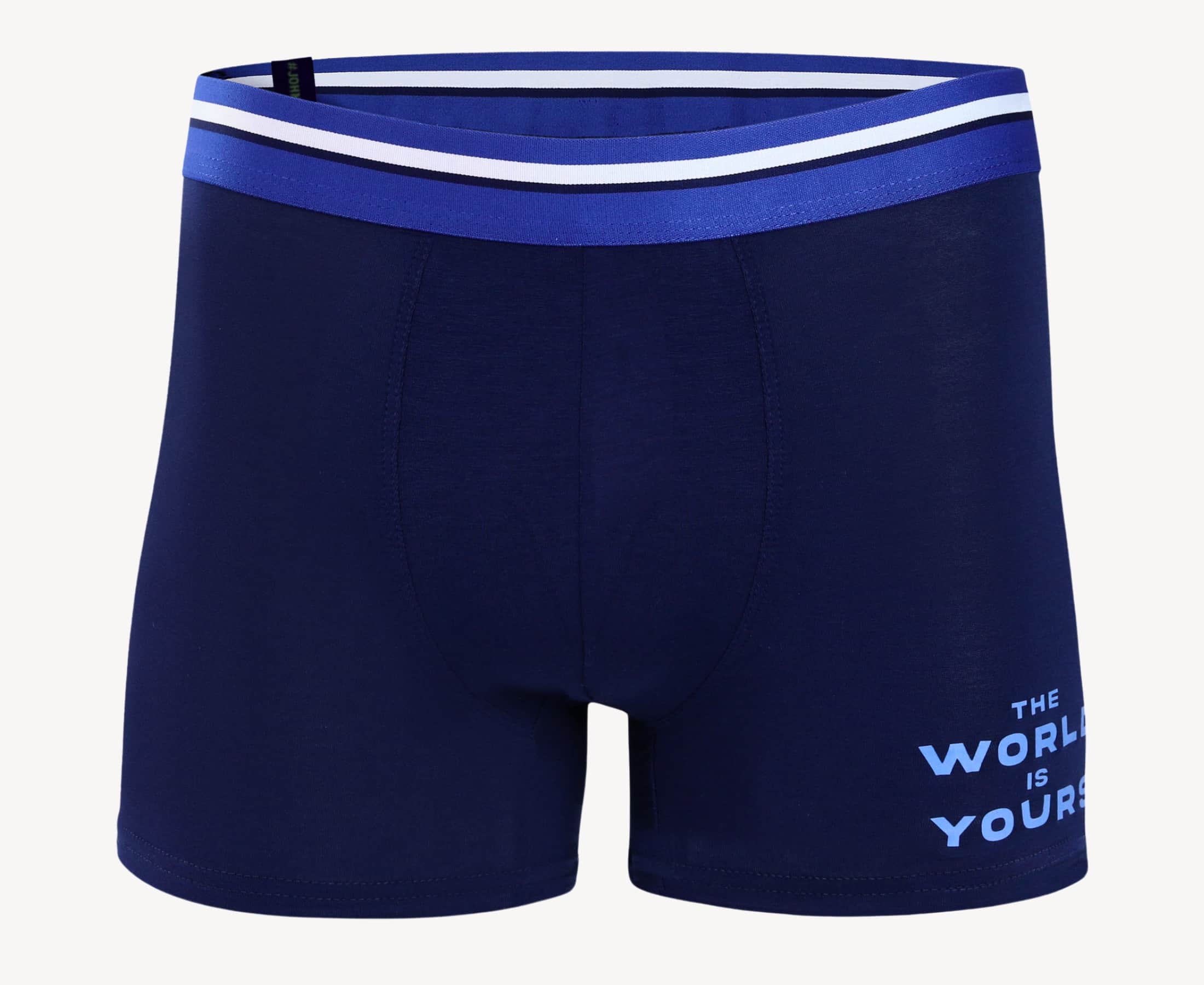 Front view of men’s 95% micromodal boxer brief in indigo blue with "The World Is Yours" print and striped waistband, soft stretch and smooth finish