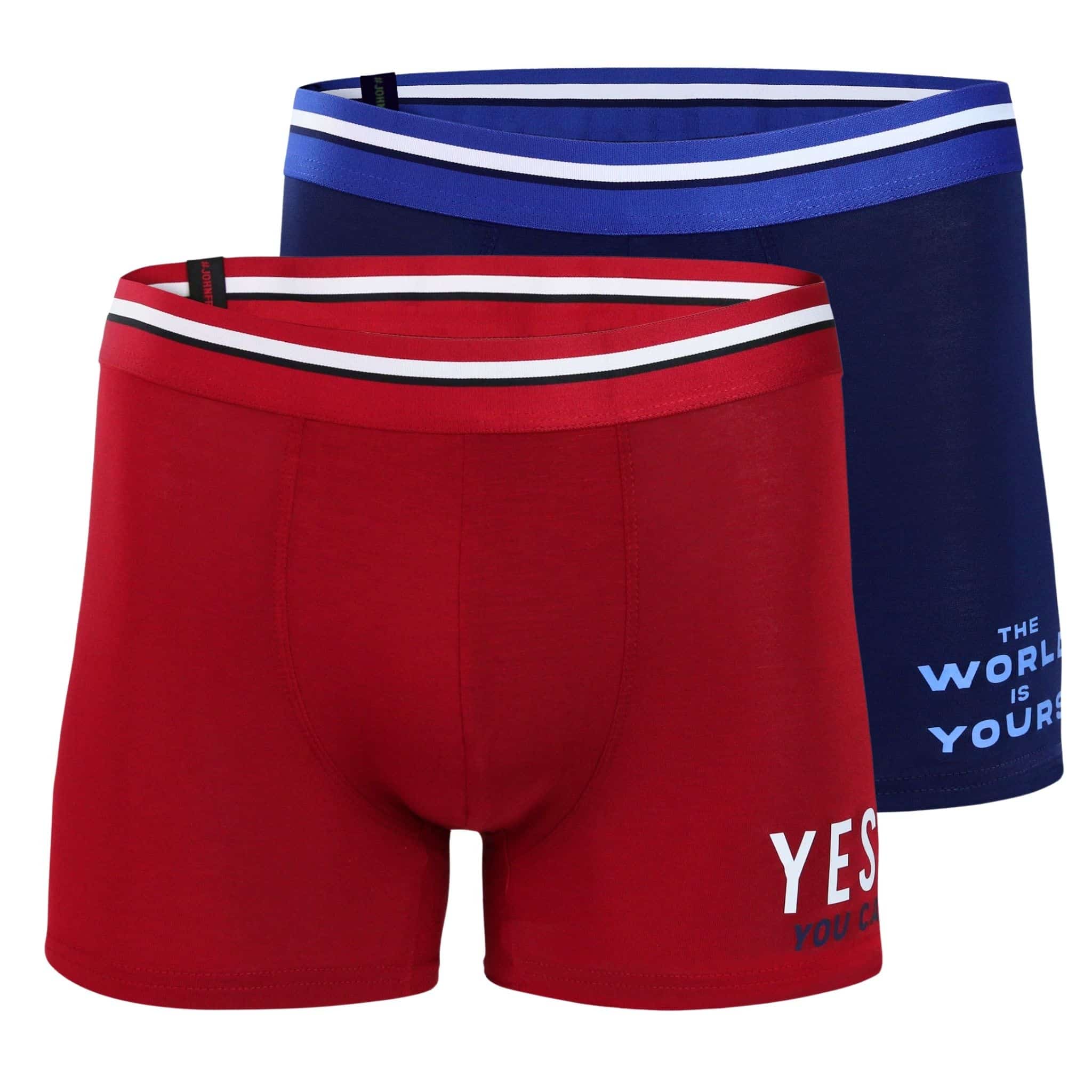 Full pack view of men’s 95% micromodal boxer brief 2-pack — one berry red with "Yes You Can" print and one indigo blue with "The World Is Yours" print, both with striped waistbands