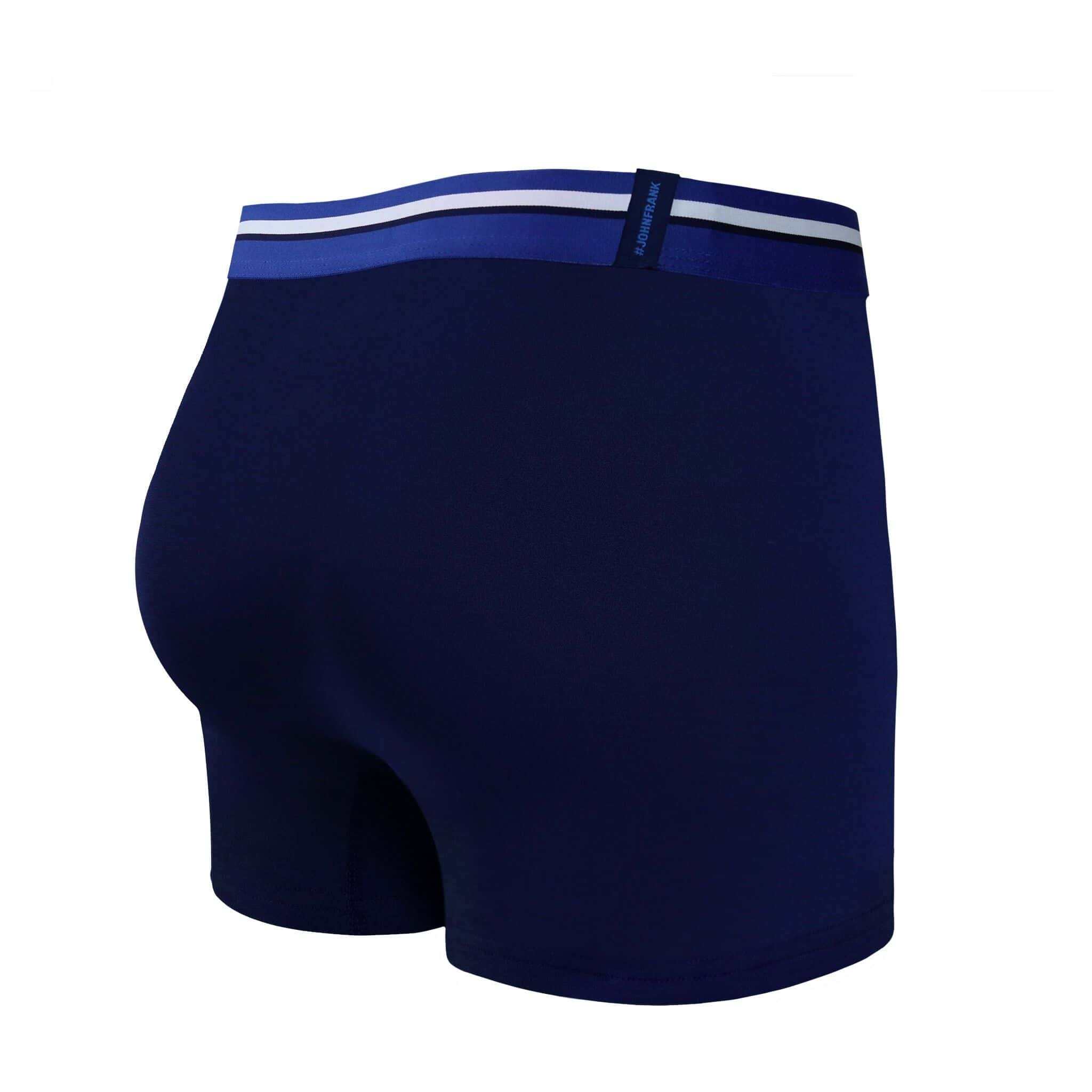 Back view of men’s 95% micromodal boxer brief in indigo blue with striped waistband and rear detail