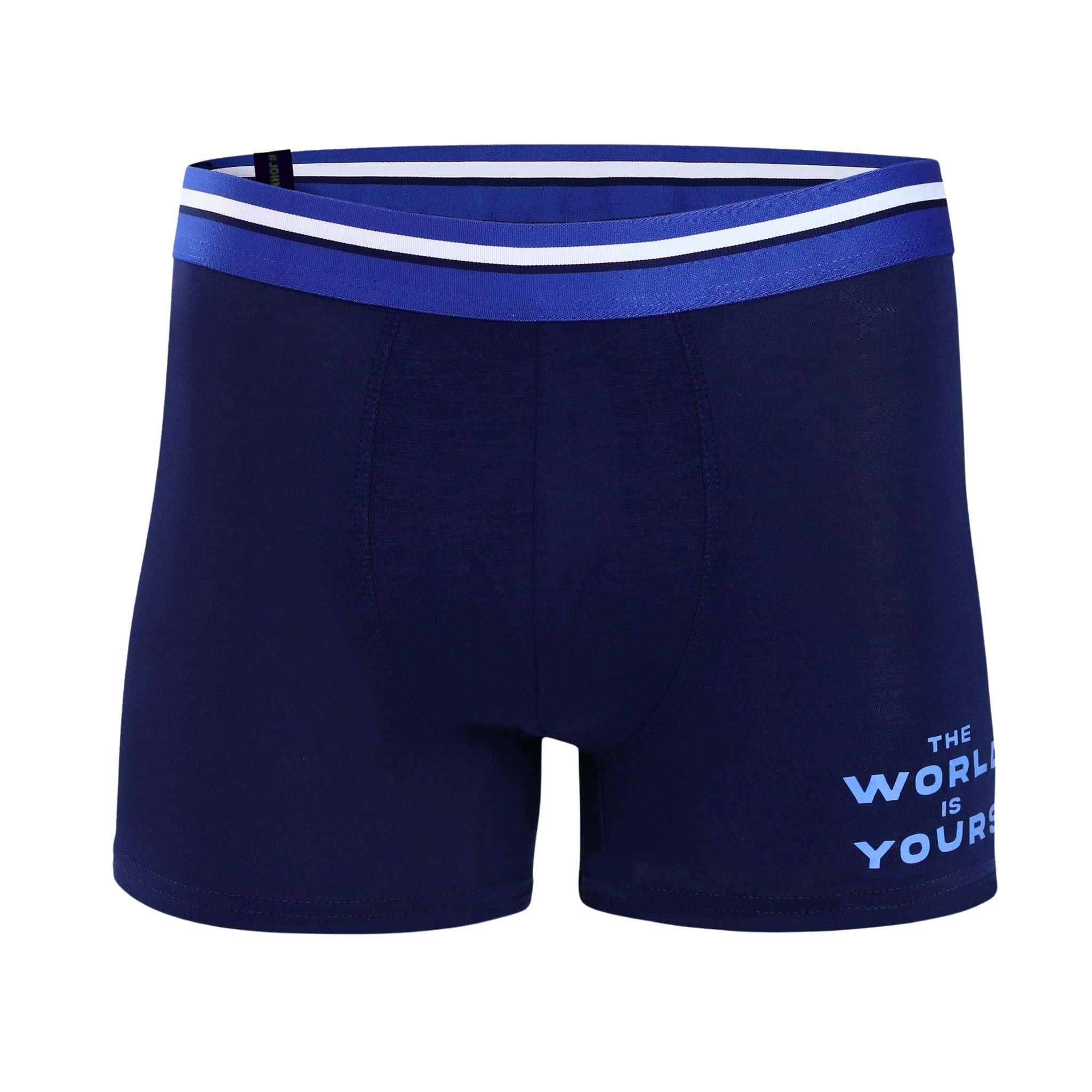 Front view of men’s 95% micromodal boxer brief in indigo blue with "The World Is Yours" print and striped waistband, soft stretch and smooth finish