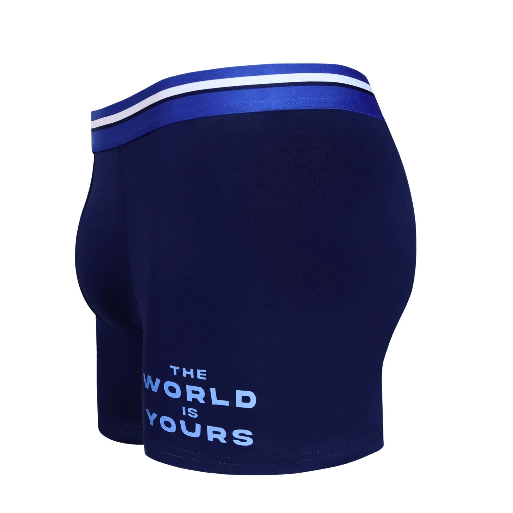 Side view of men’s 95% micromodal boxer brief in indigo blue with "The World Is Yours" print, contoured pouch, and tailored leg cut