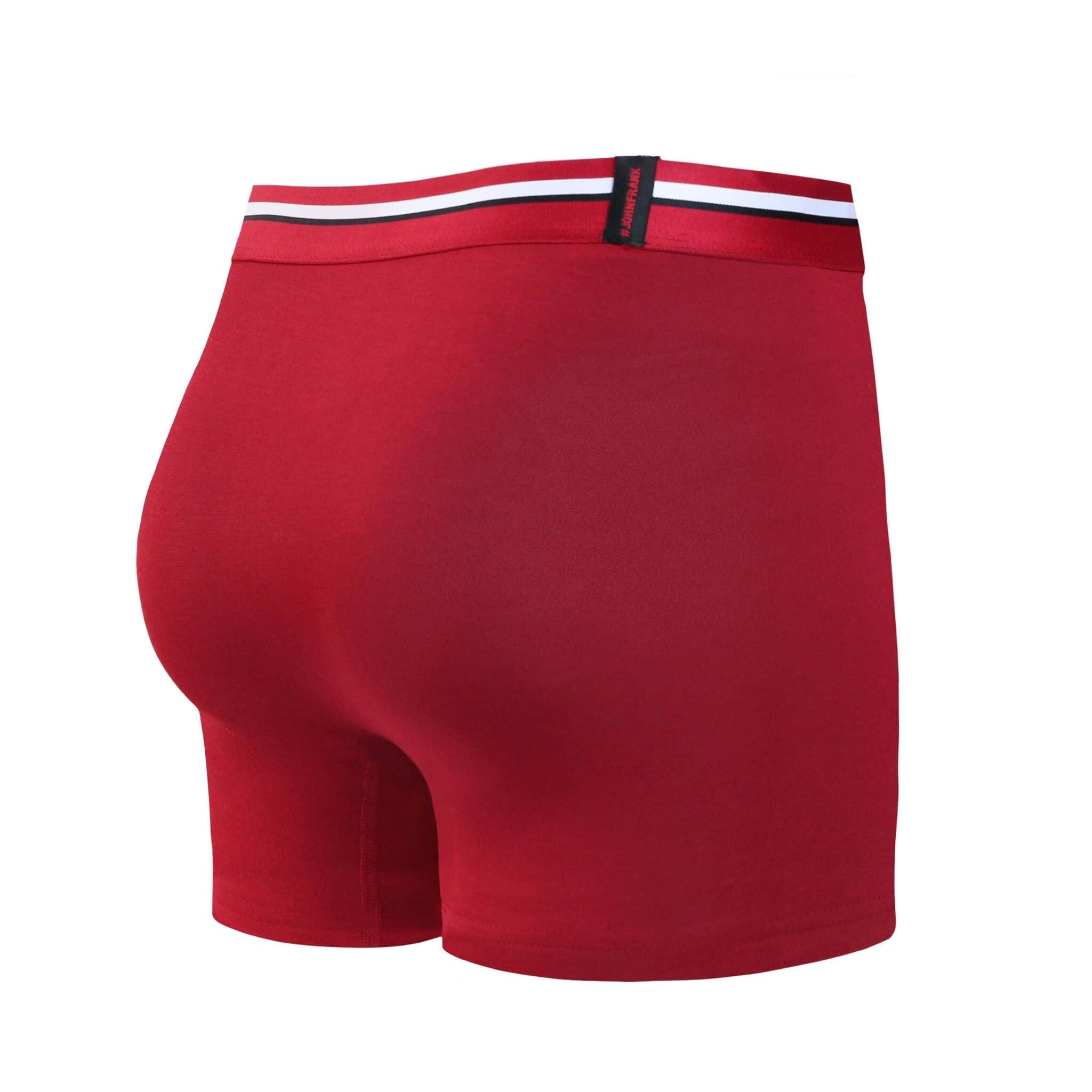 Back view of men’s 95% micromodal boxer brief in berry red with striped waistband and rear detail