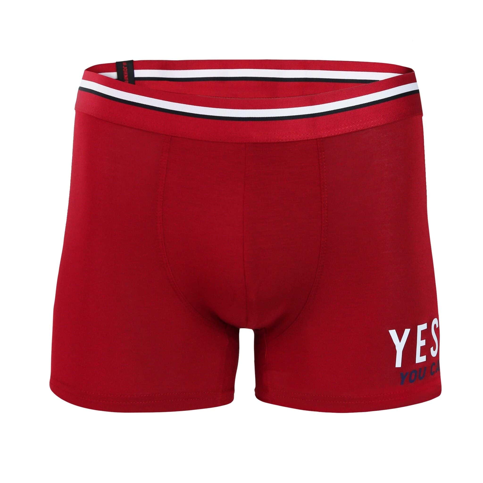 Front view of men’s 95% micromodal boxer brief in berry red with "Yes You Can" print and striped waistband, soft stretch and smooth finish