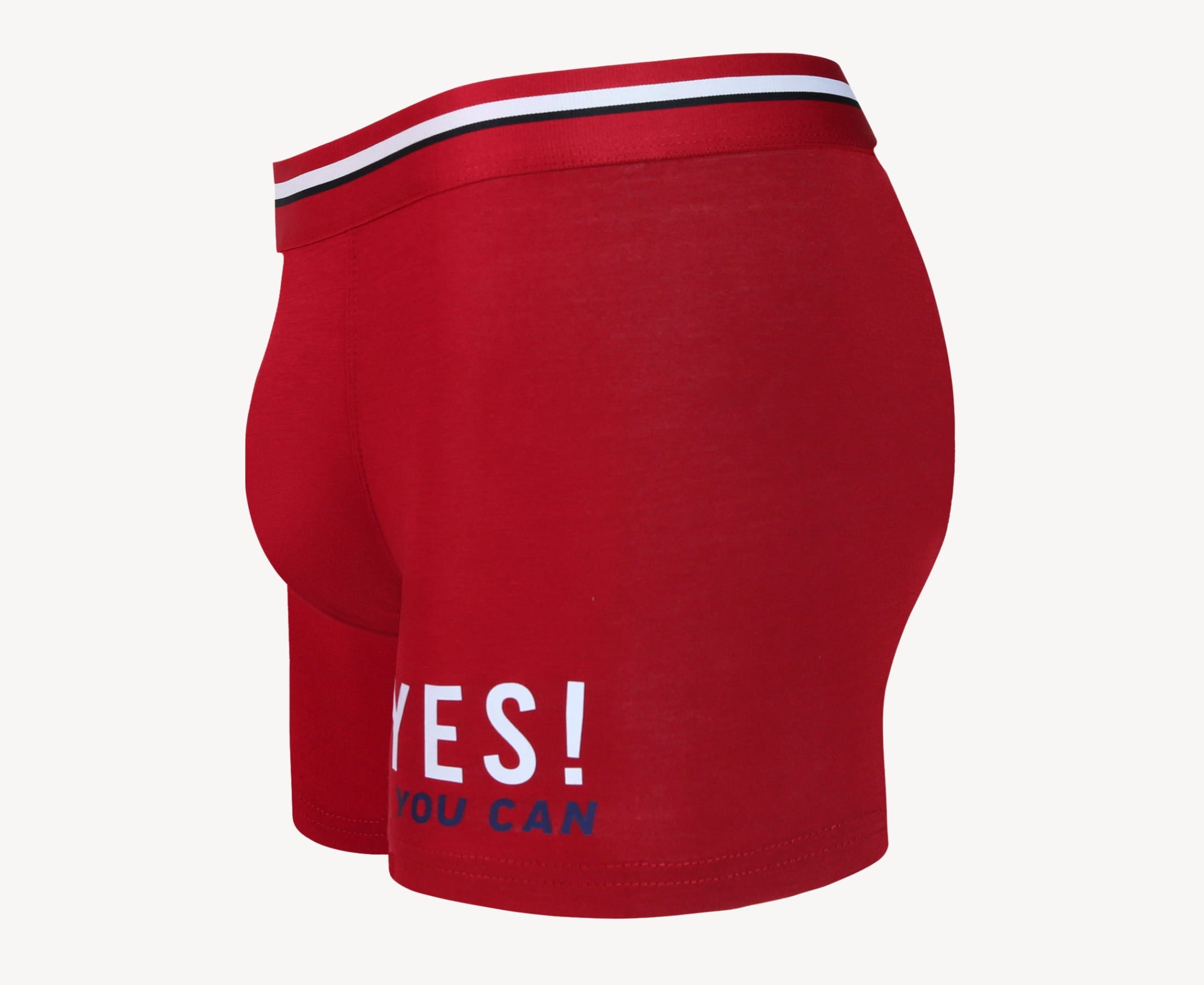 Side view of men’s 95% micromodal boxer brief in berry red with "Yes You Can" print, contoured pouch, and tailored leg cut