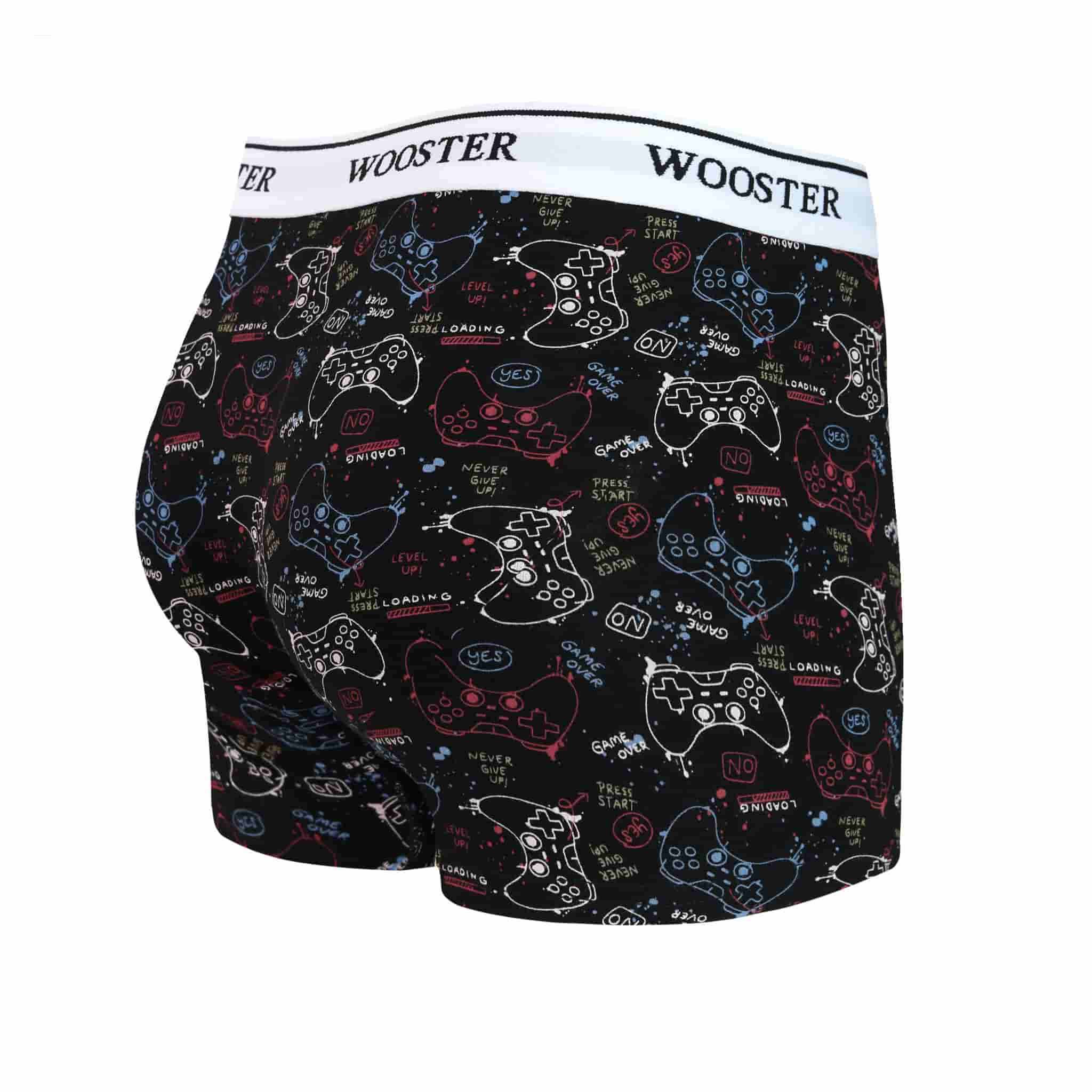 Back view of men’s 95% cotton black boxer brief with multicolor gaming console print, relaxed fit, vibrant colors, and smooth rear panel