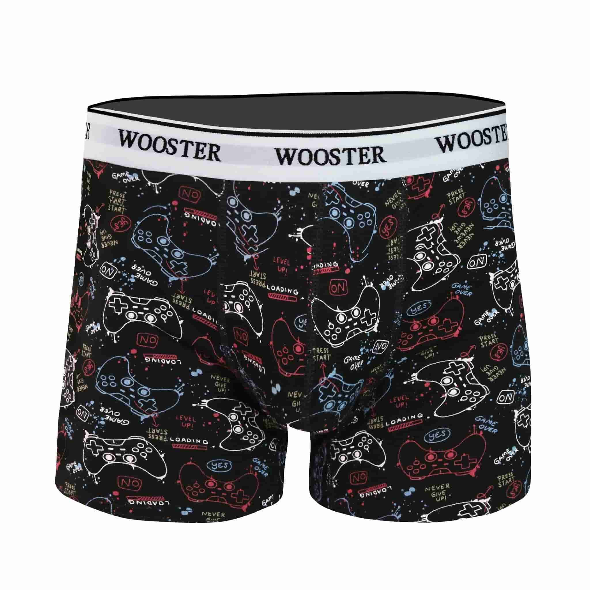 Front view of men’s 95% cotton black boxer brief with multicolor gaming console print, relaxed fit, soft stretch cotton, and no-roll waistband