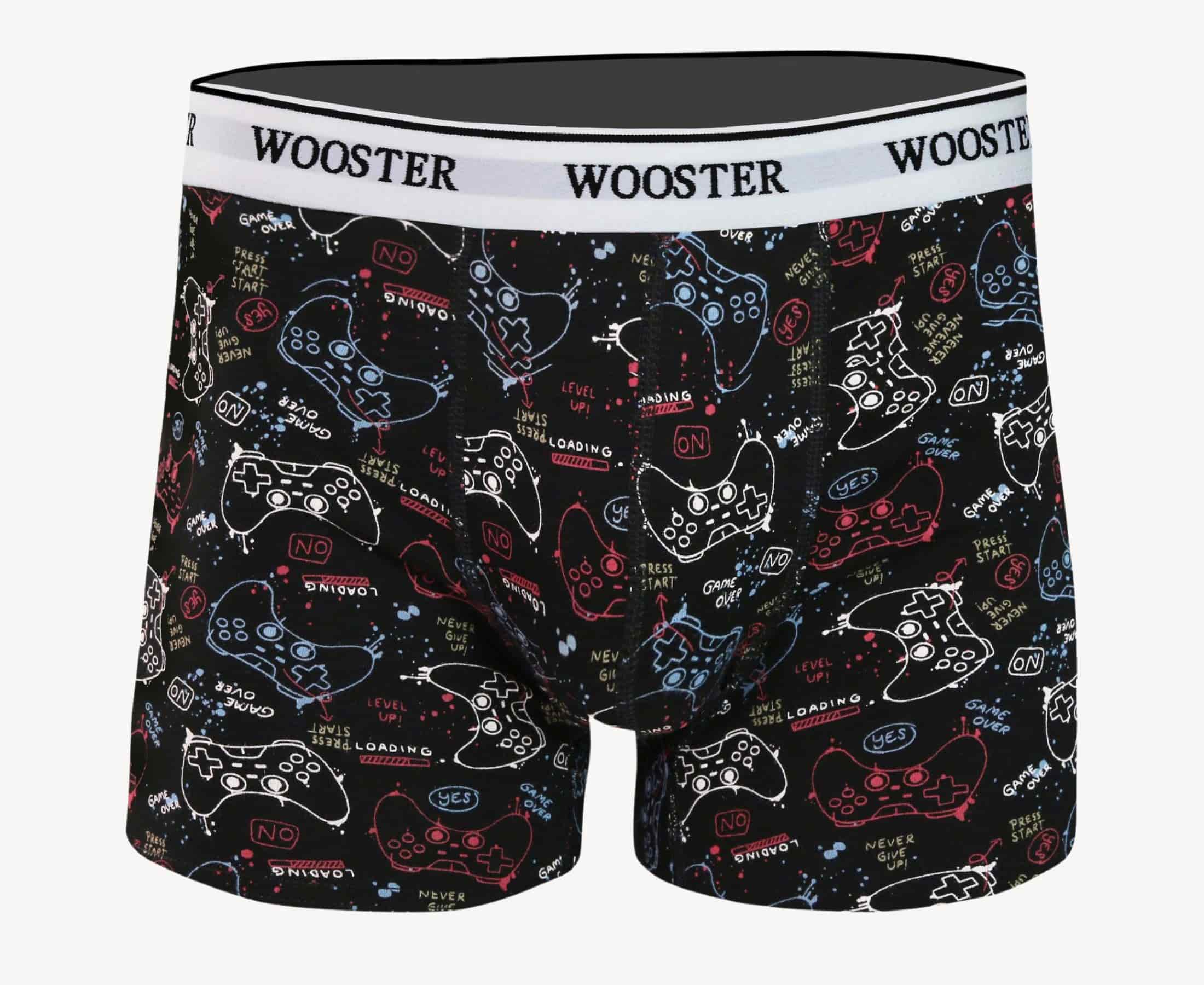Front view of men’s 95% cotton black boxer brief with multicolor gaming console print, relaxed fit, soft stretch cotton, and no-roll waistband