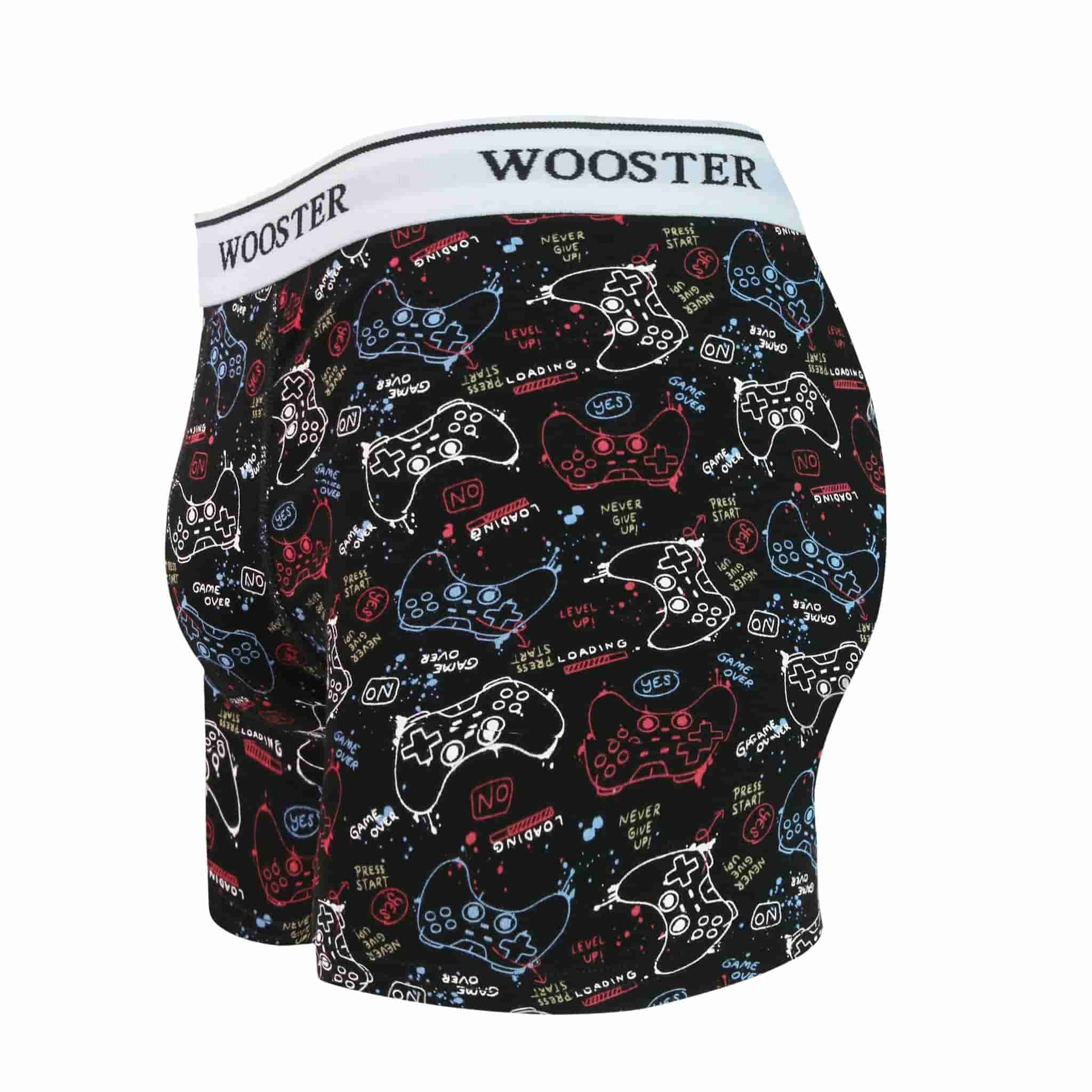 Side view of men’s 95% cotton black boxer brief with multicolor gaming console print showing contoured pouch and relaxed fit