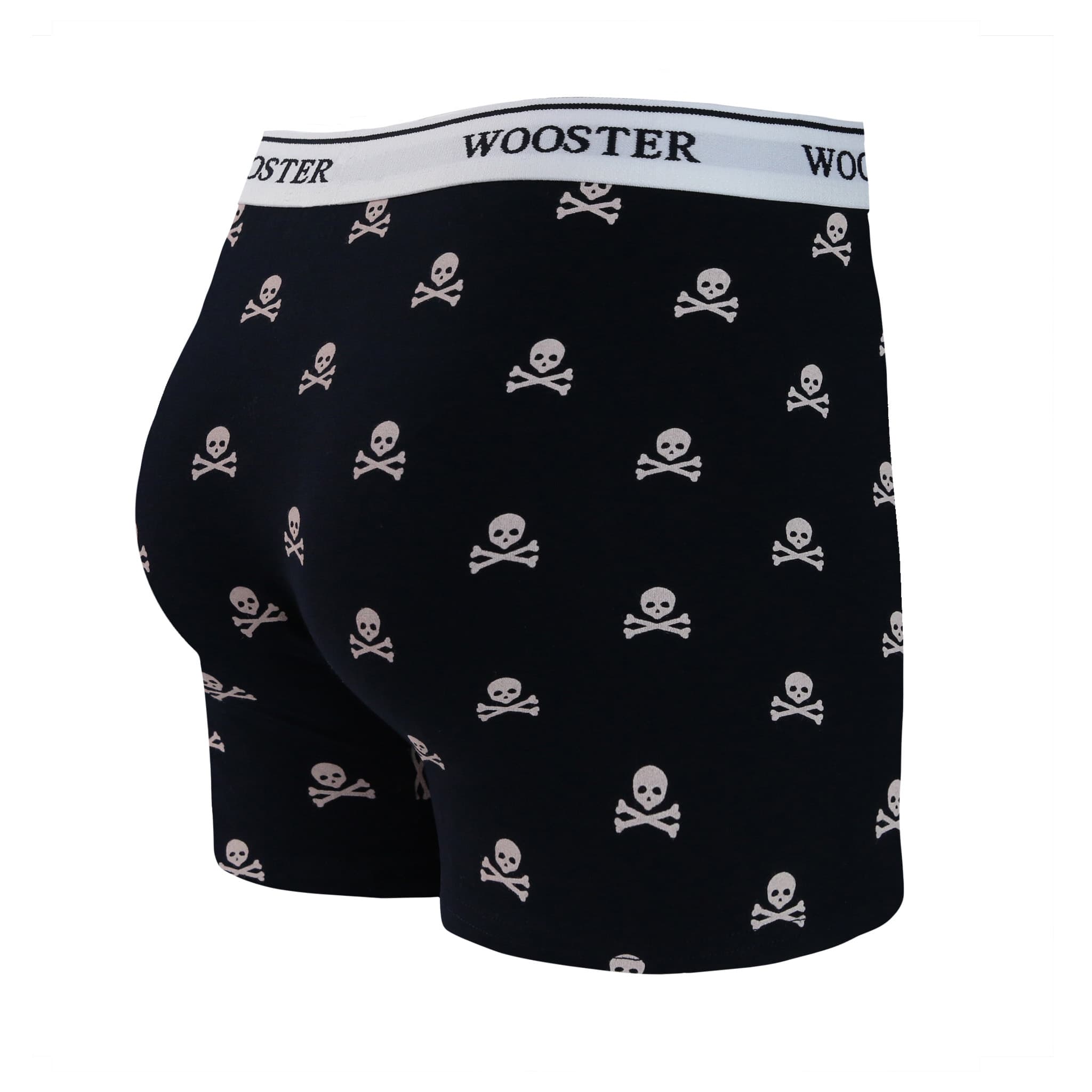 Back view of men’s 95% cotton navy boxer brief with light pink skull and bones print, relaxed fit, vibrant colors, and smooth rear panel