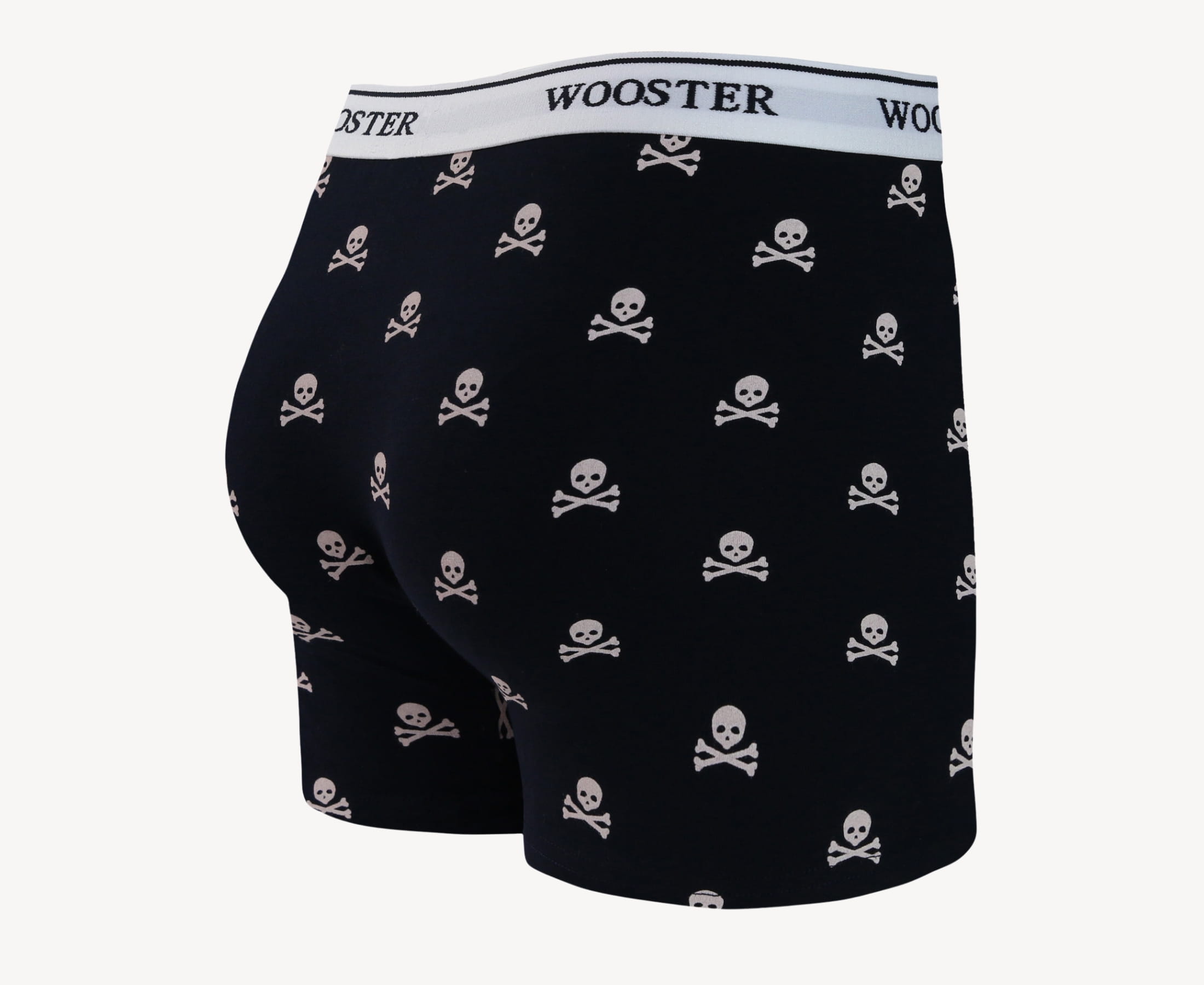 Back view of men’s 95% cotton navy boxer brief with light pink skull and bones print, relaxed fit, vibrant colors, and smooth rear panel