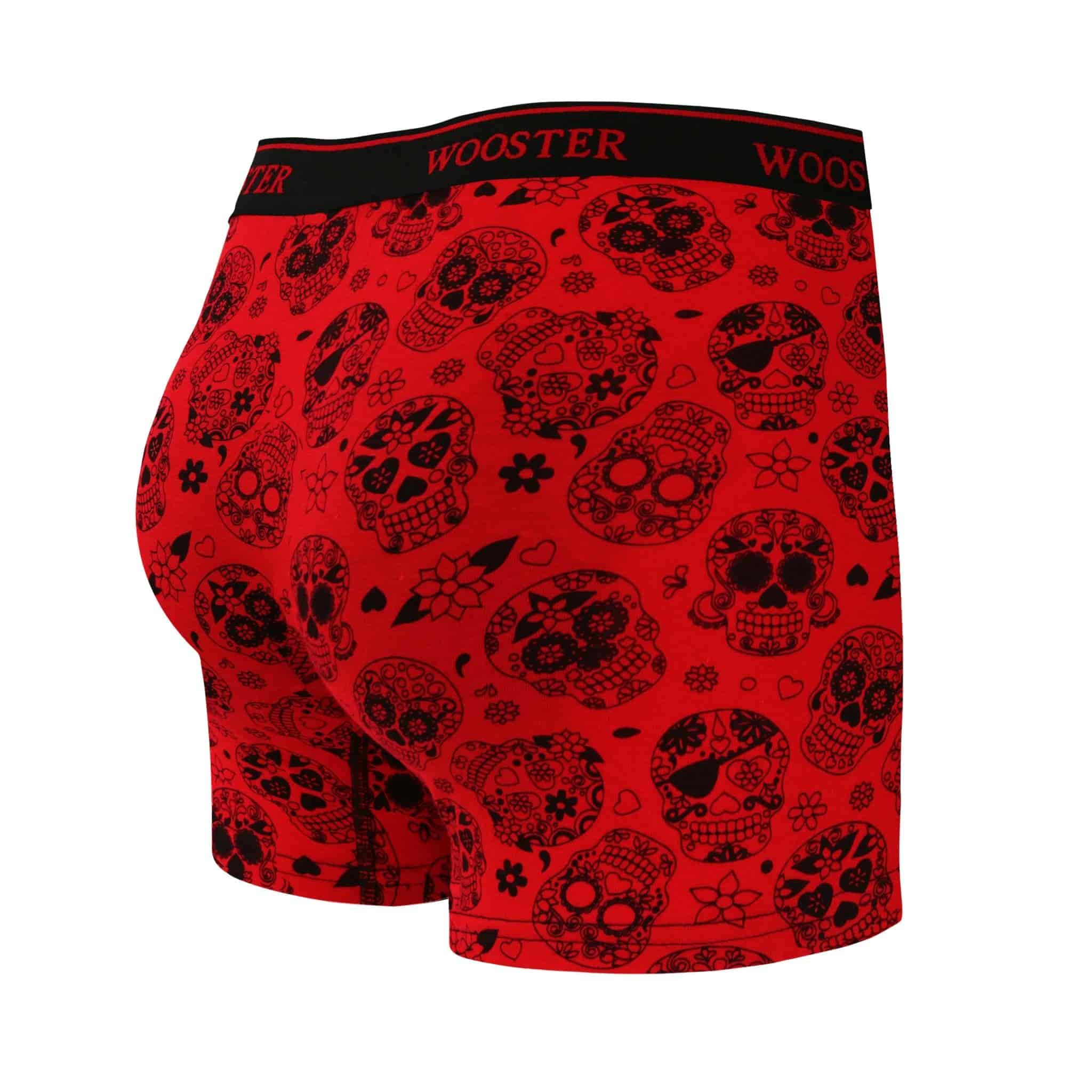 Back view of men’s 95% cotton crimson red boxer brief with black skulls in bloom print, relaxed fit, vibrant colors, and smooth rear panel
