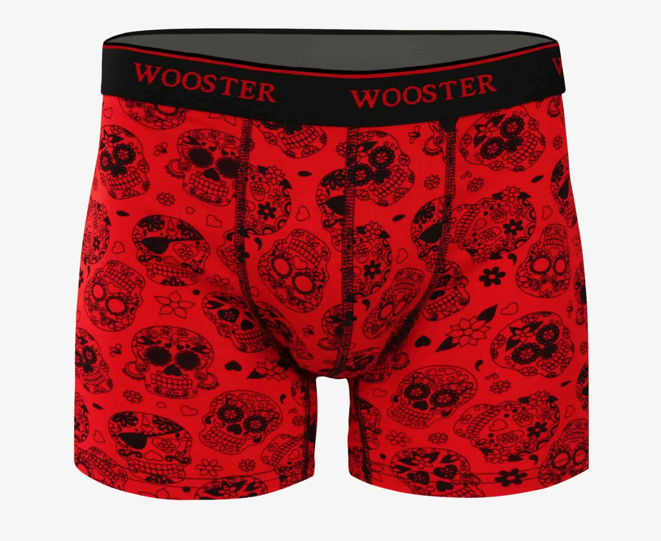 Front view of men’s 95% cotton crimson red boxer brief with black skulls in bloom print, relaxed fit, soft stretch cotton, and no-roll waistband