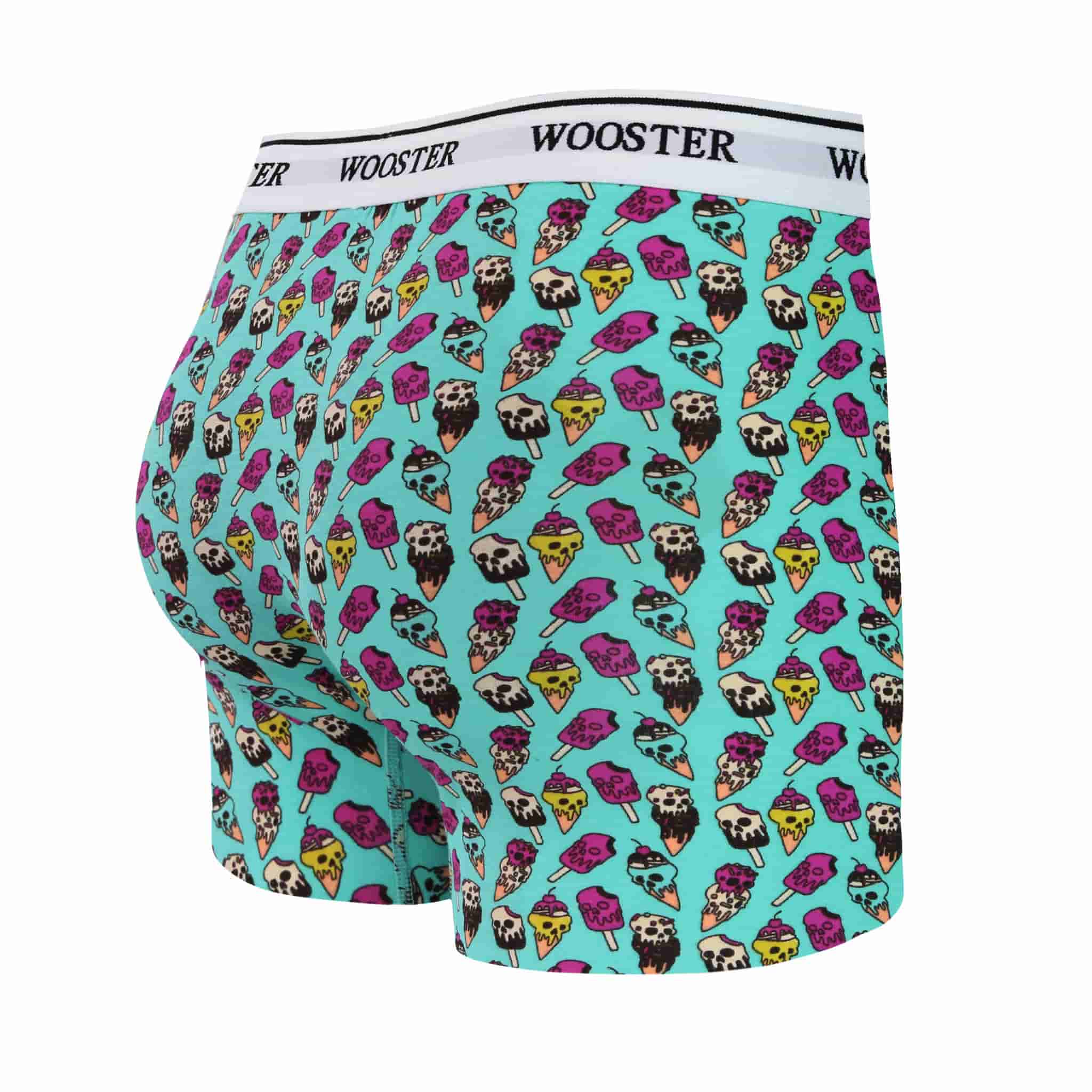 Back view of men’s 95% cotton boxer brief with multicolor ice cream cone skull print, relaxed fit, vibrant colors, and smooth rear panel