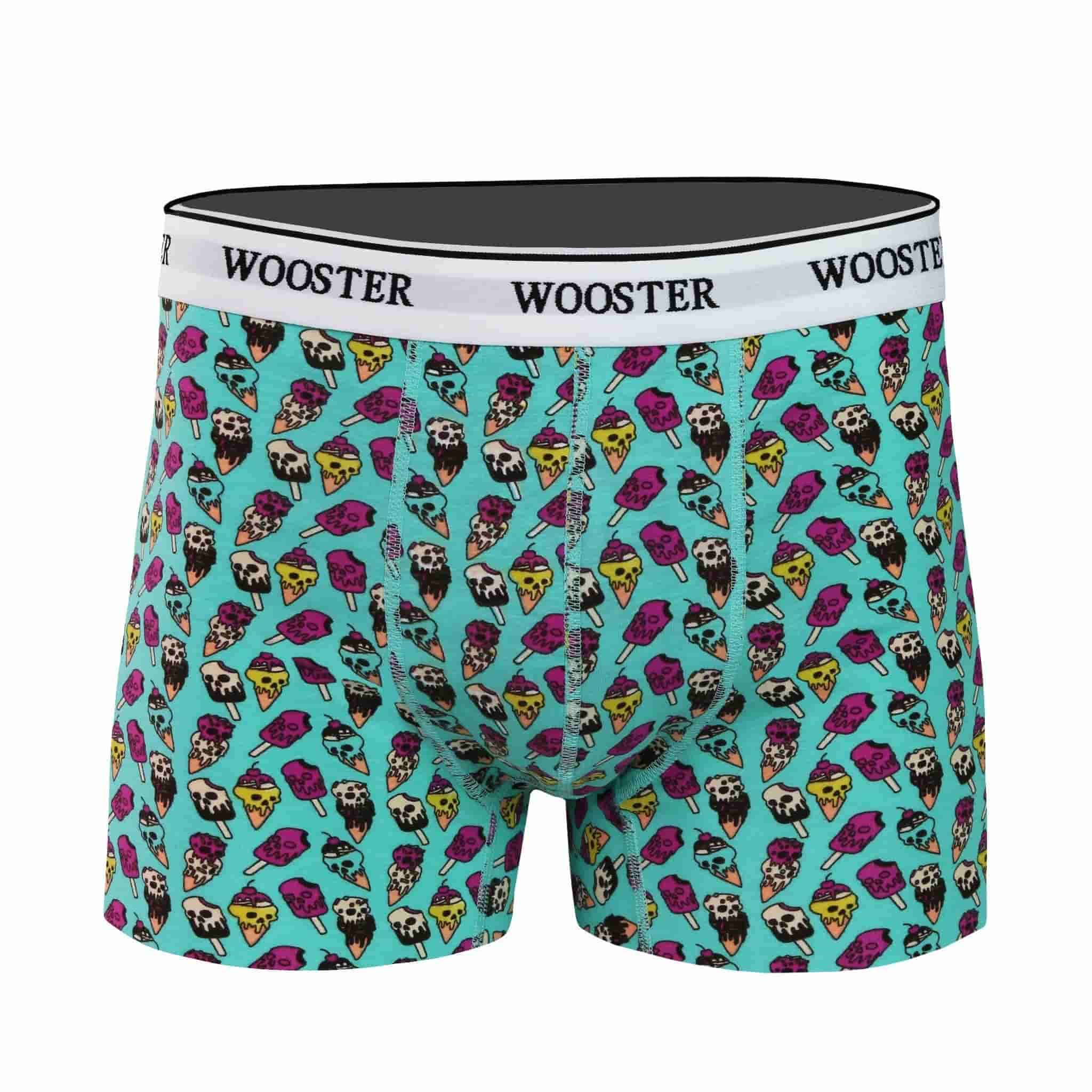 Front view of men’s 95% cotton teal boxer brief with multicolor ice cream skulls print, relaxed fit, soft stretch cotton, and no-roll waistband