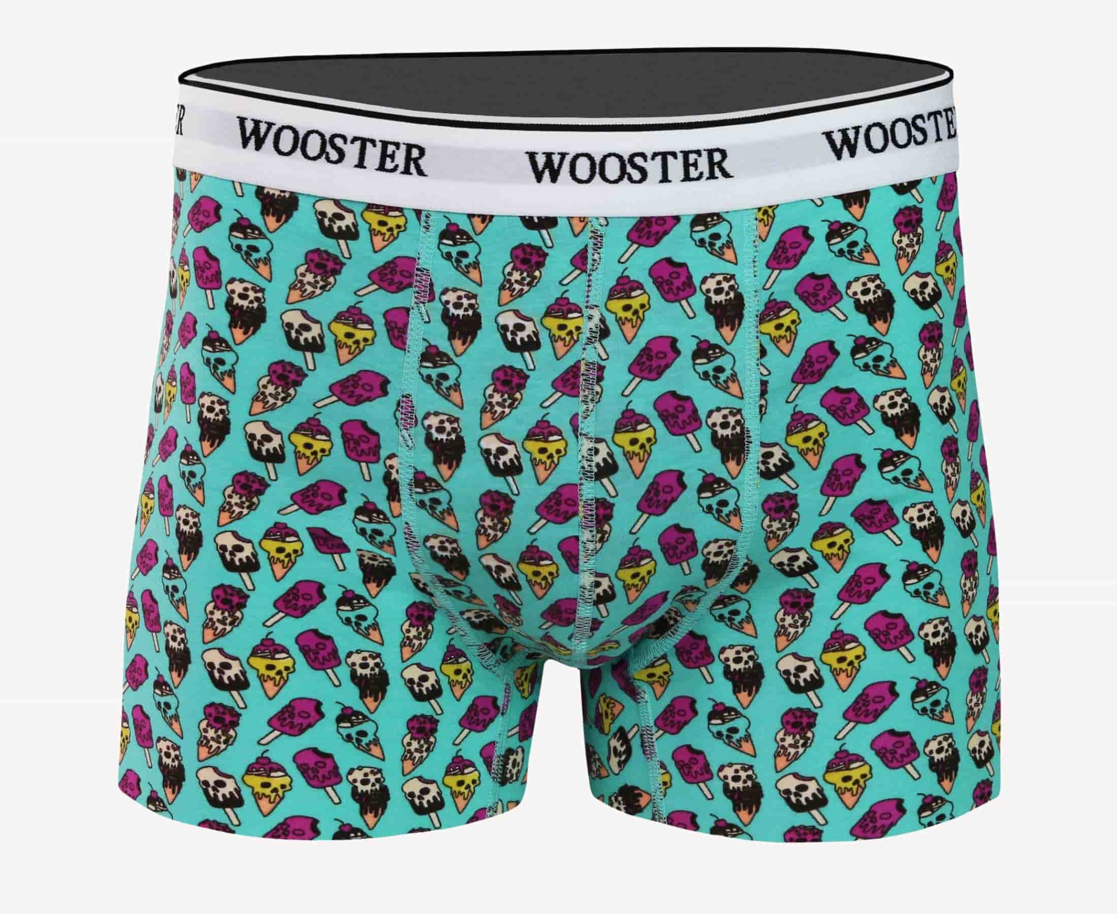 Front view of men’s 95% cotton teal boxer brief with multicolor ice cream skulls print, relaxed fit, soft stretch cotton, and no-roll waistband
