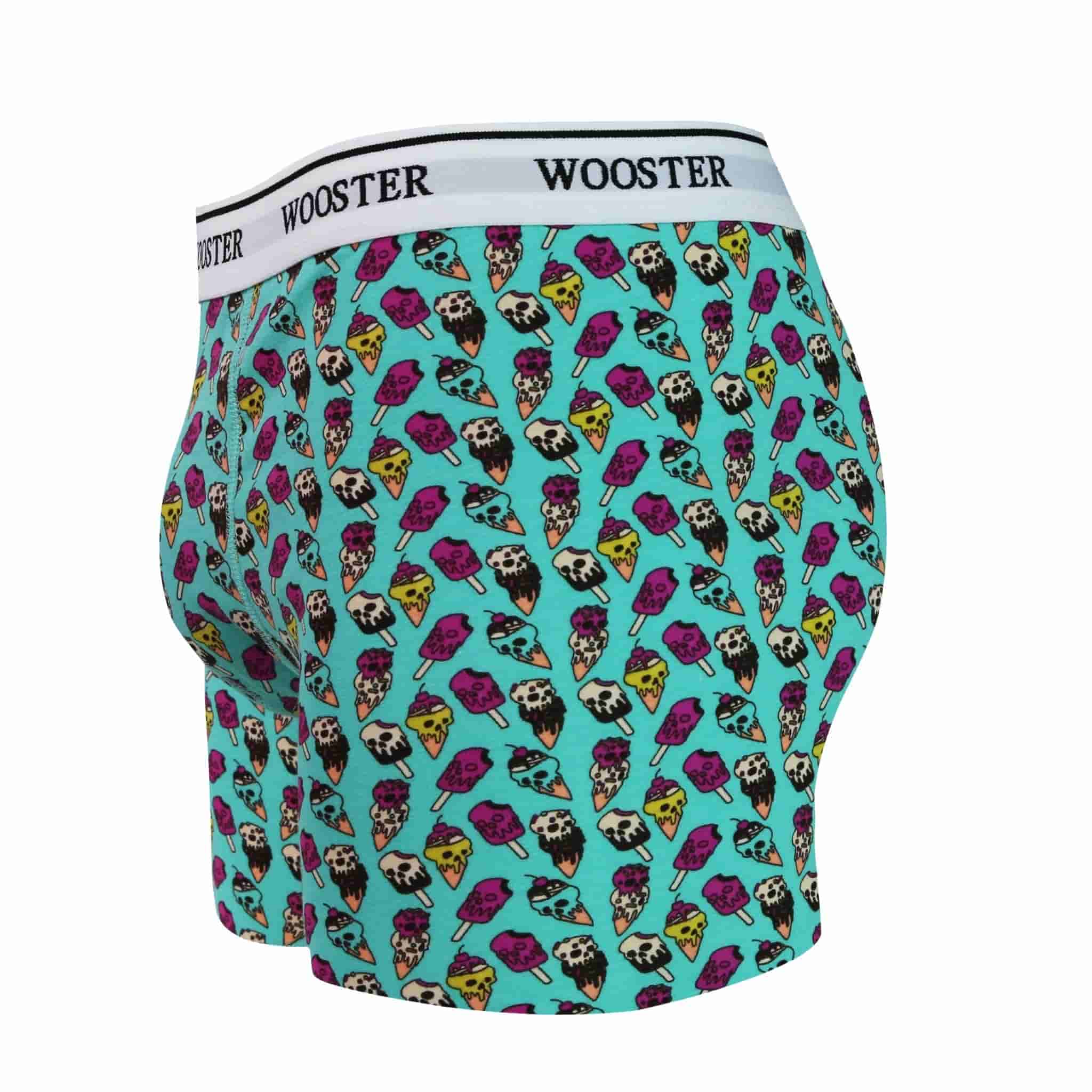 Back view of men’s 95% cotton teal boxer brief with multicolor ice cream skulls print, relaxed fit, vibrant colors, and smooth rear panel