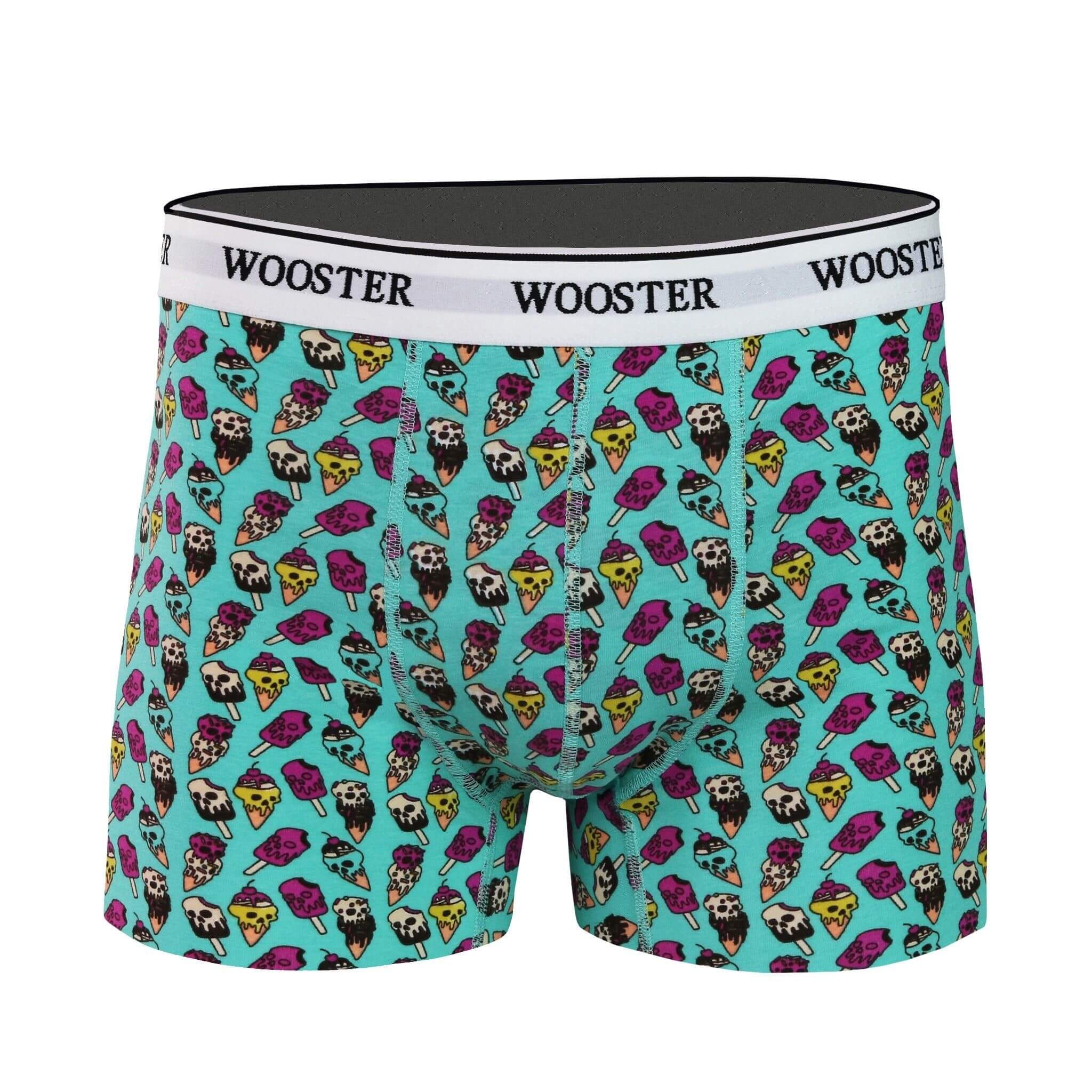 Front view of men’s 95% cotton teal boxer brief with multicolor ice cream skulls print, relaxed fit, soft stretch cotton, and no-roll waistband
