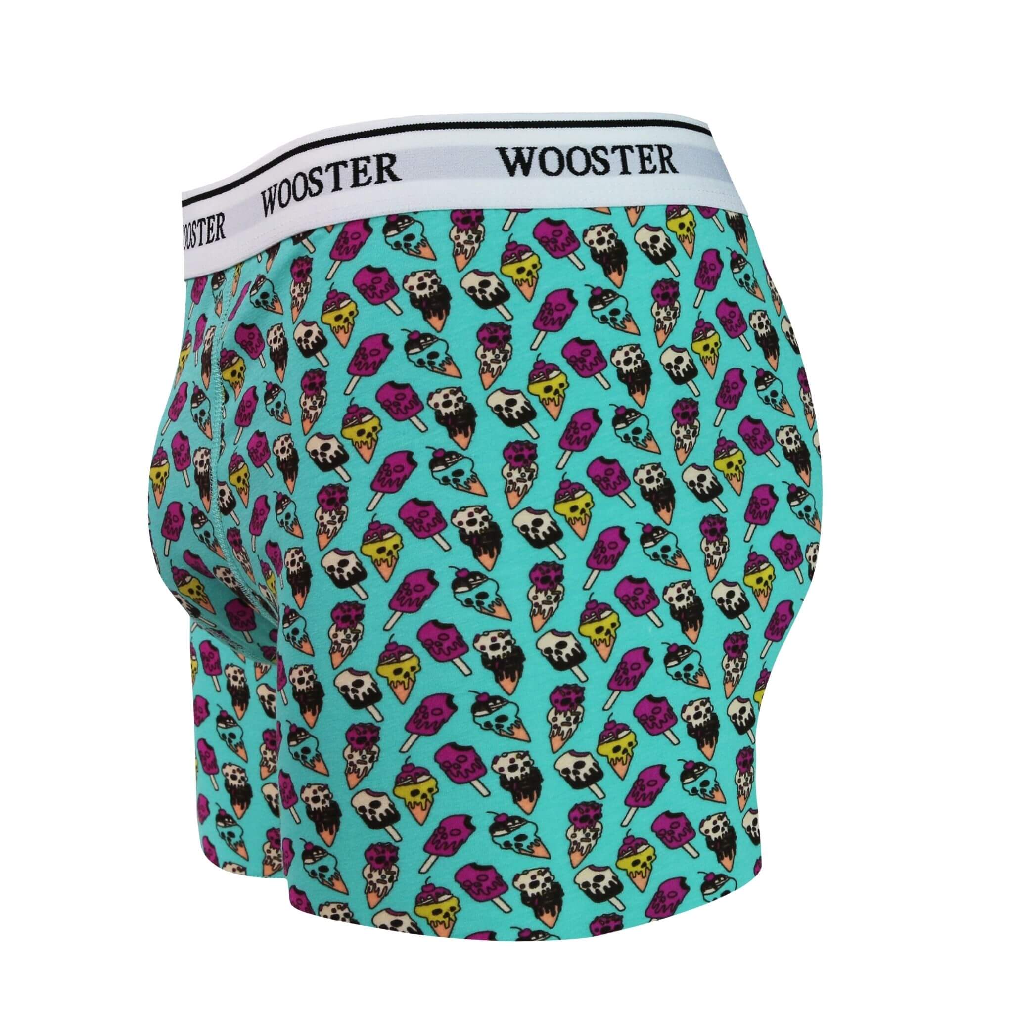 Back view of men’s 95% cotton teal boxer brief with multicolor ice cream skulls print, relaxed fit, vibrant colors, and smooth rear panel