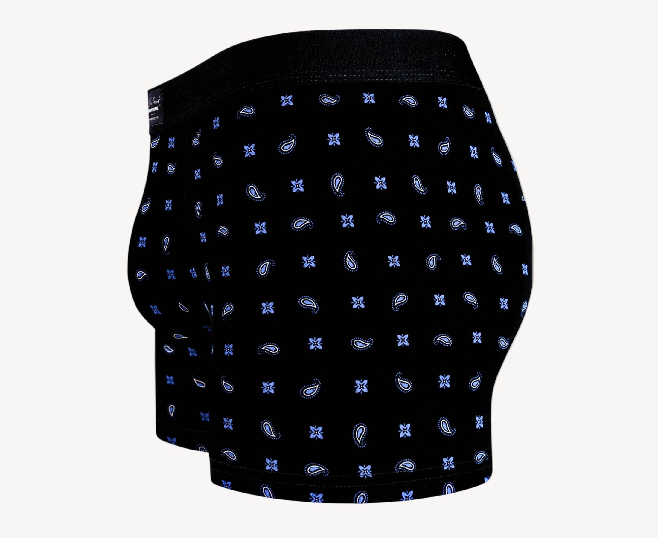 Back view of men’s 95% cotton boxer brief in black with alternating blue paisley and floral print, no-roll waistband, and clean rear detail