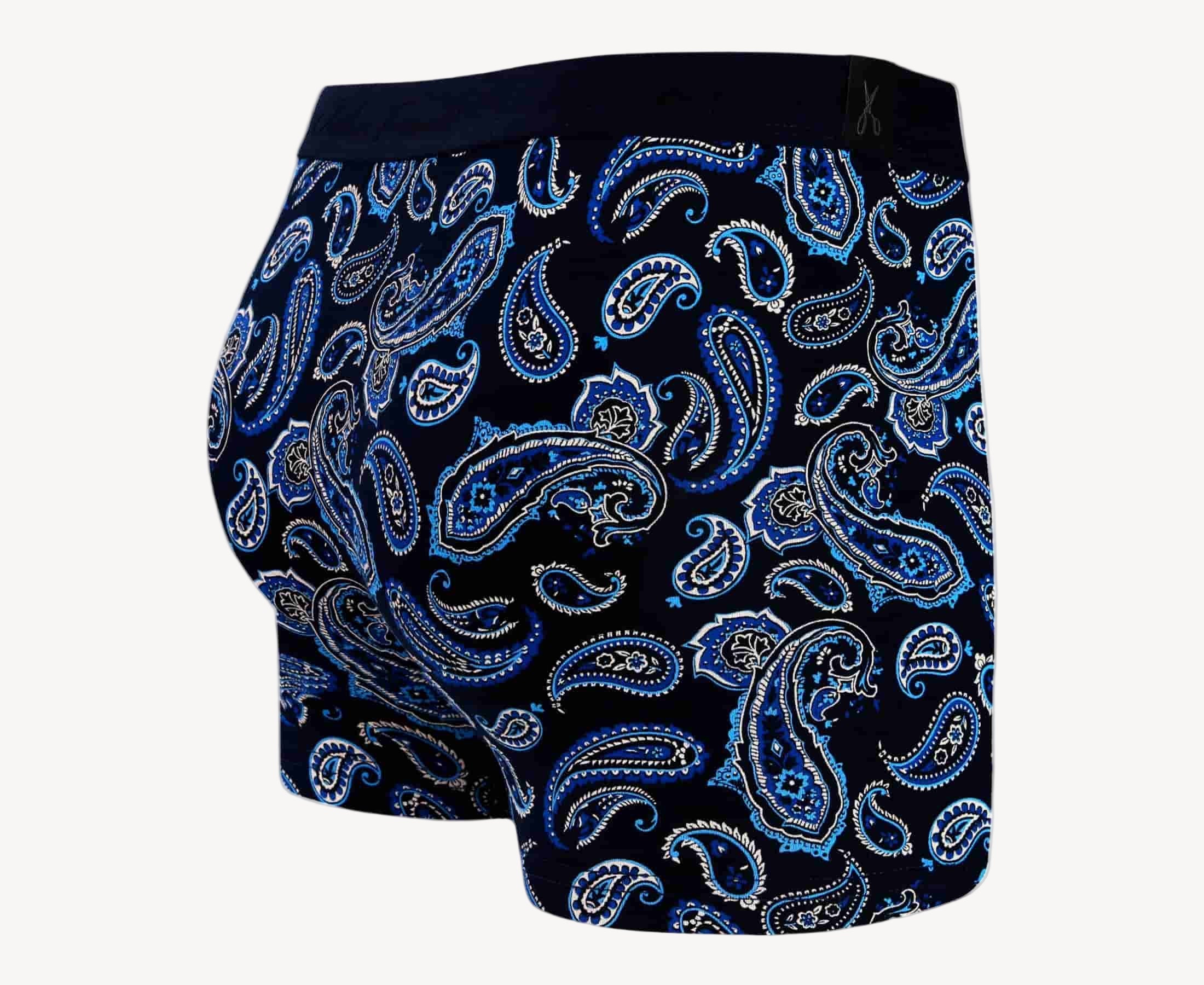 Back view of men’s 95% cotton boxer brief in navy with sax blue paisley print, no-roll waistband, and clean rear detail