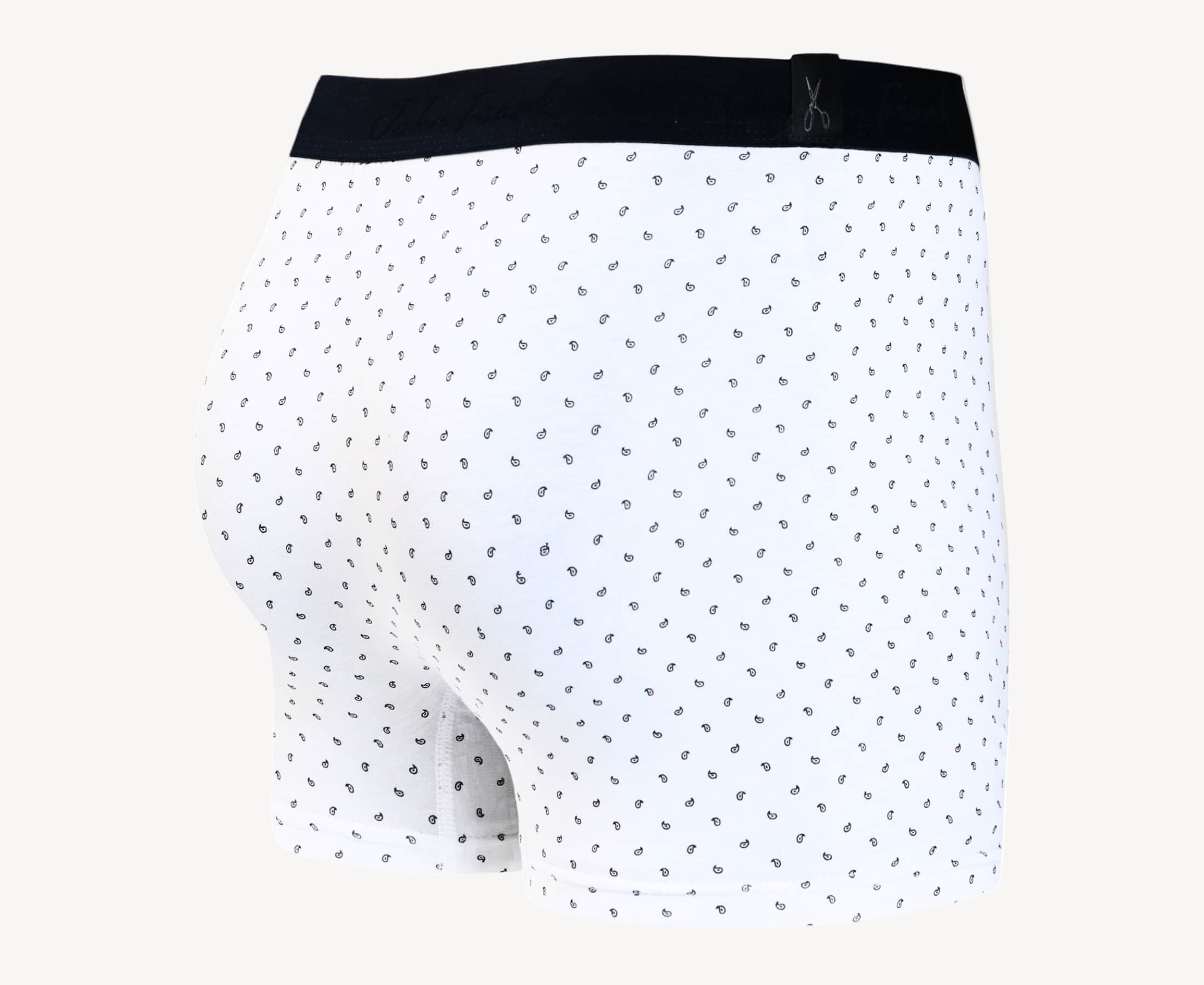 Back view of men’s 95% cotton boxer brief in white with black paisley print, no-roll waistband, and clean rear detail