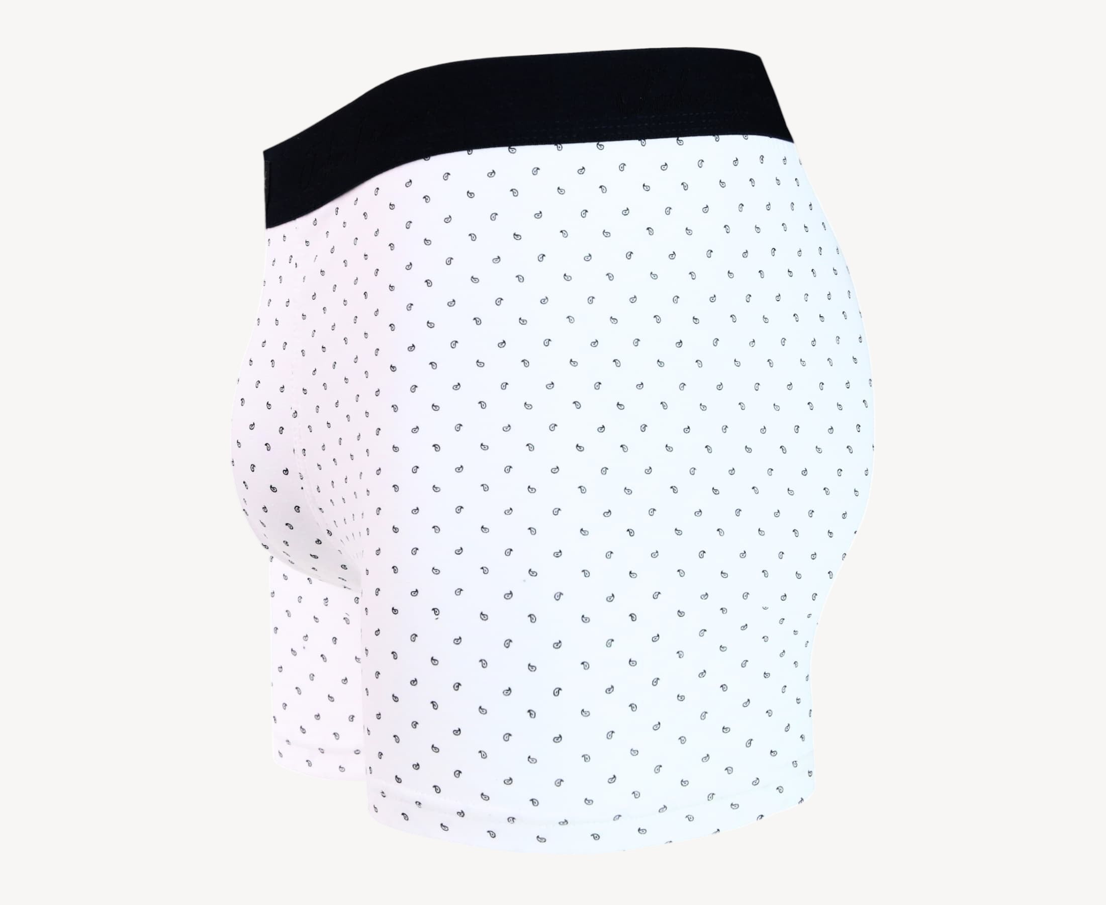 Side view of men’s 95% cotton boxer brief in white with black paisley print, contoured pouch, and tailored leg cut