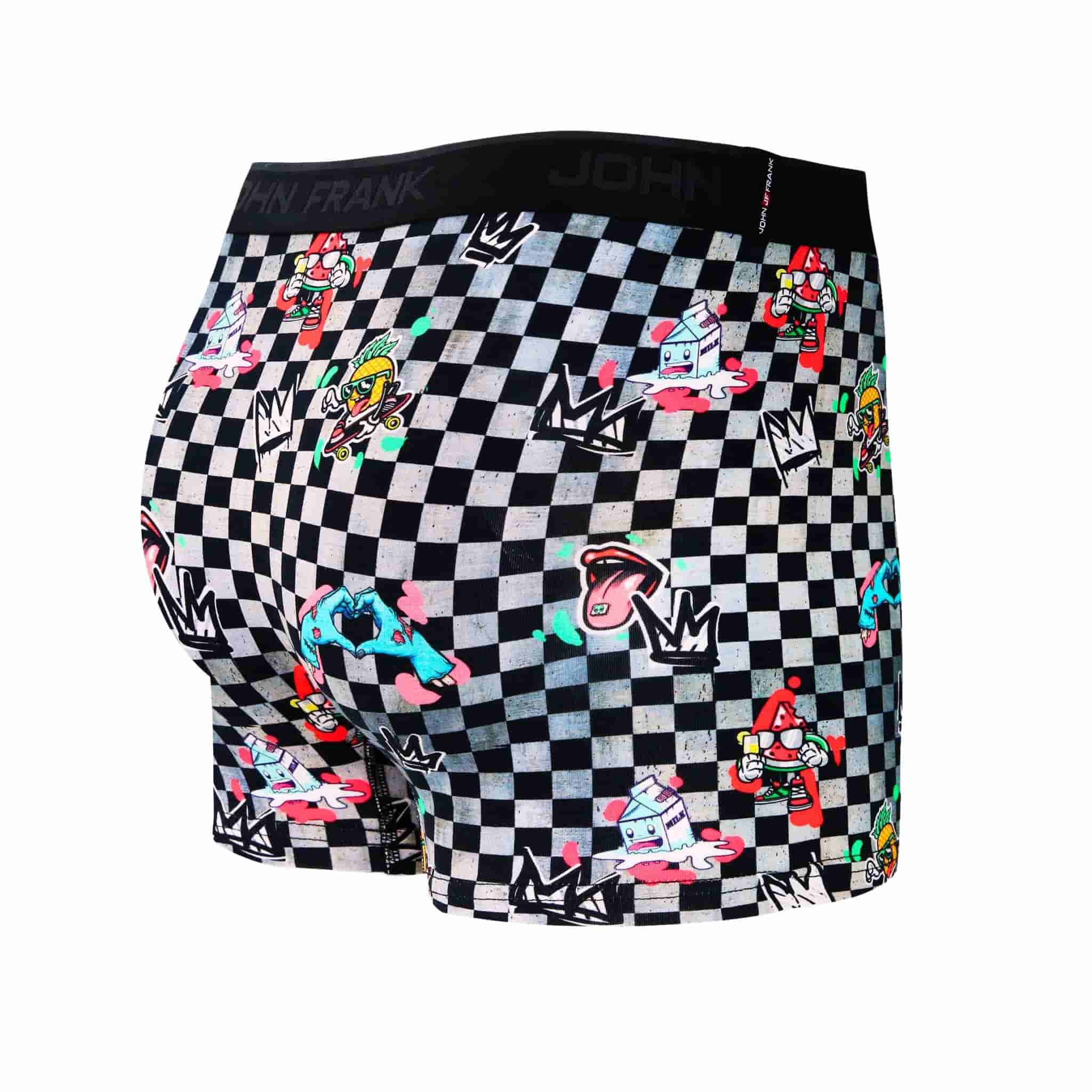 Back view of men’s 95% cotton boxer brief in checkered surrealist print with smooth waistband and rear detail