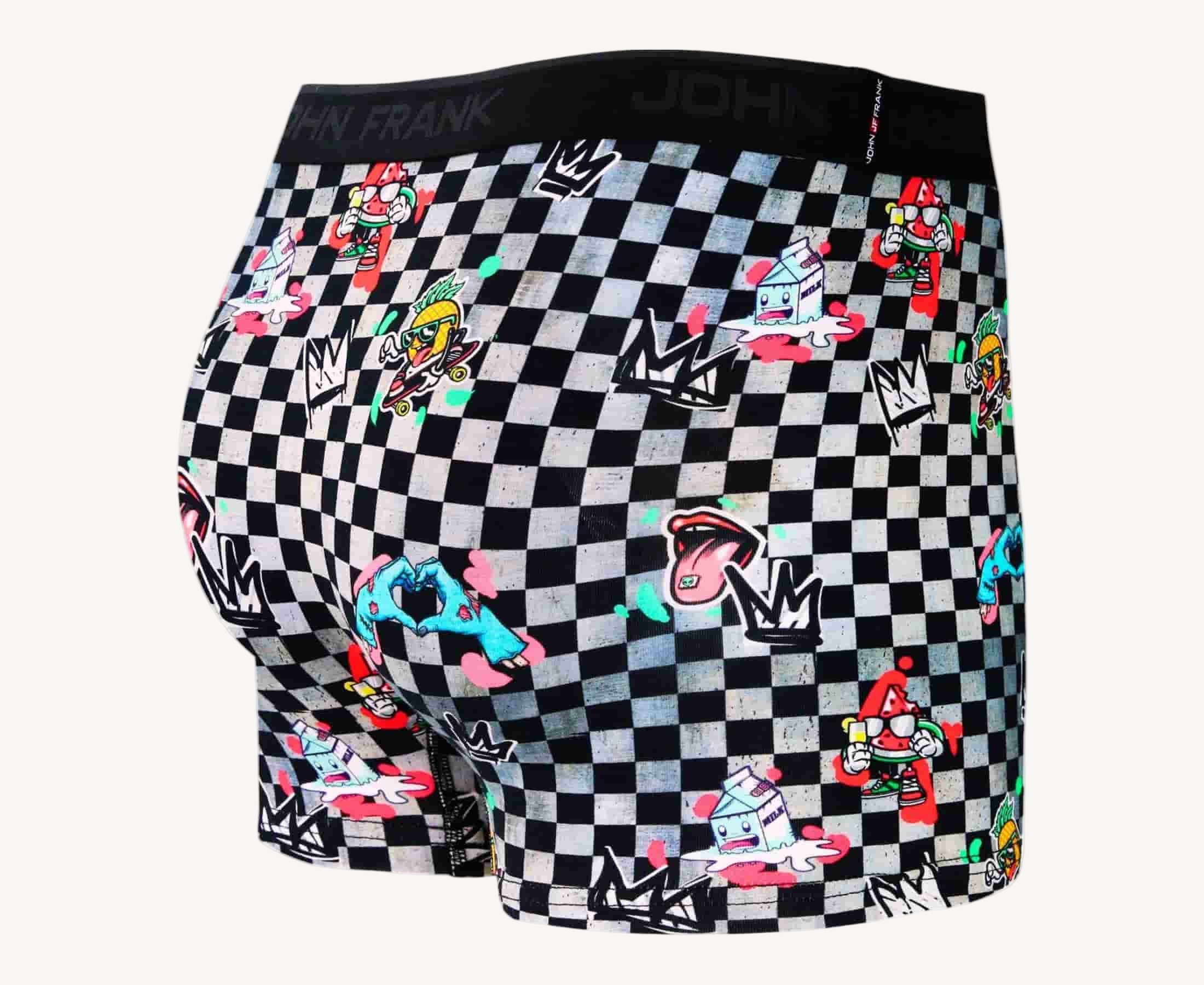 Back view of men’s 95% cotton boxer brief in checkered surrealist print with smooth waistband and rear detail