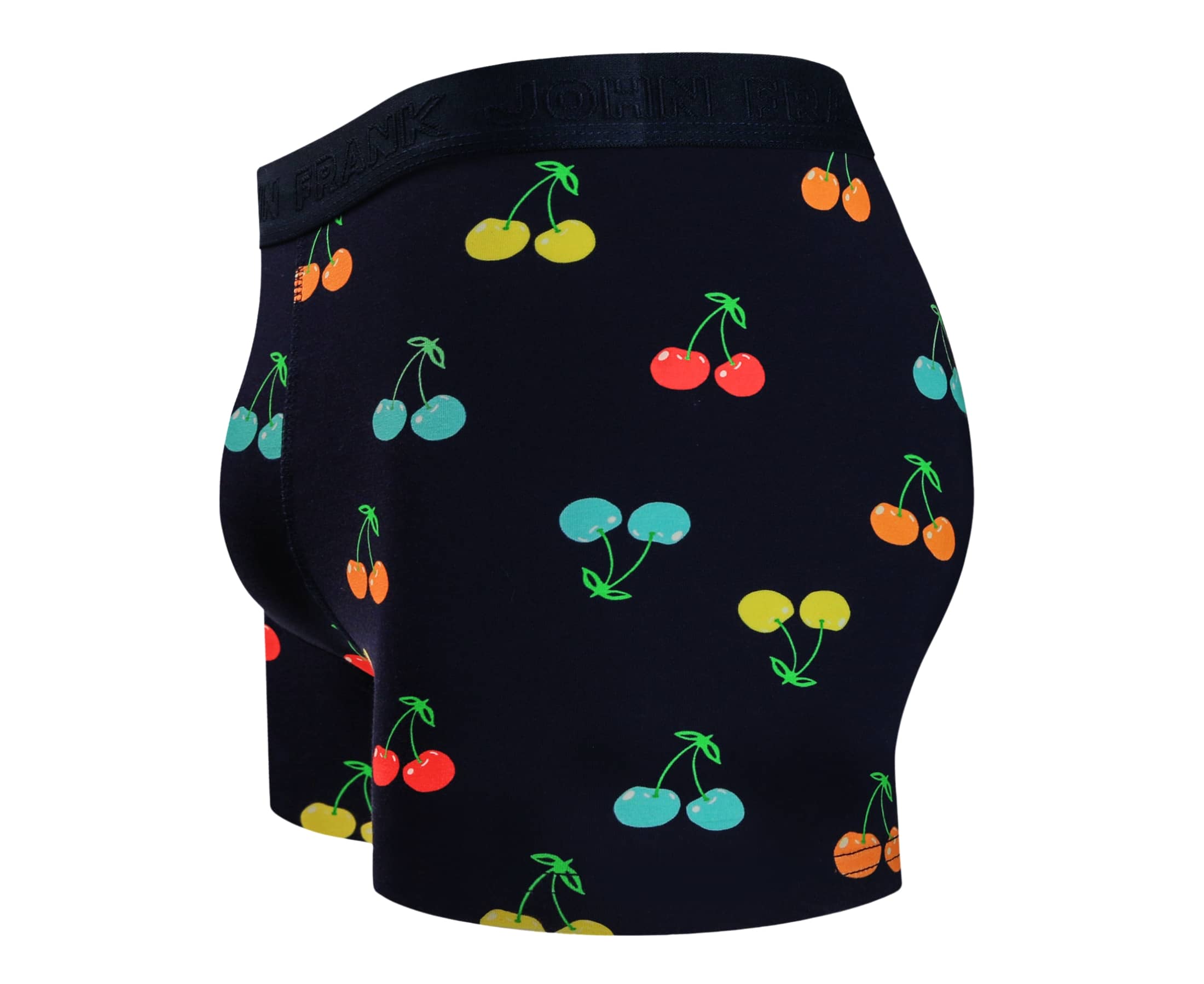 Side view of men’s 95% cotton boxer brief in navy with multicolor cherry print, contoured pouch, and tailored leg cut